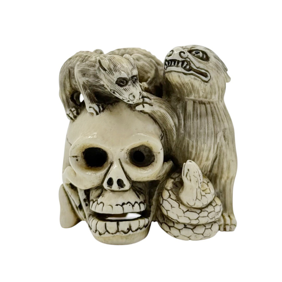 Meiji period Memento Mori bone Skull snake possum netsuke