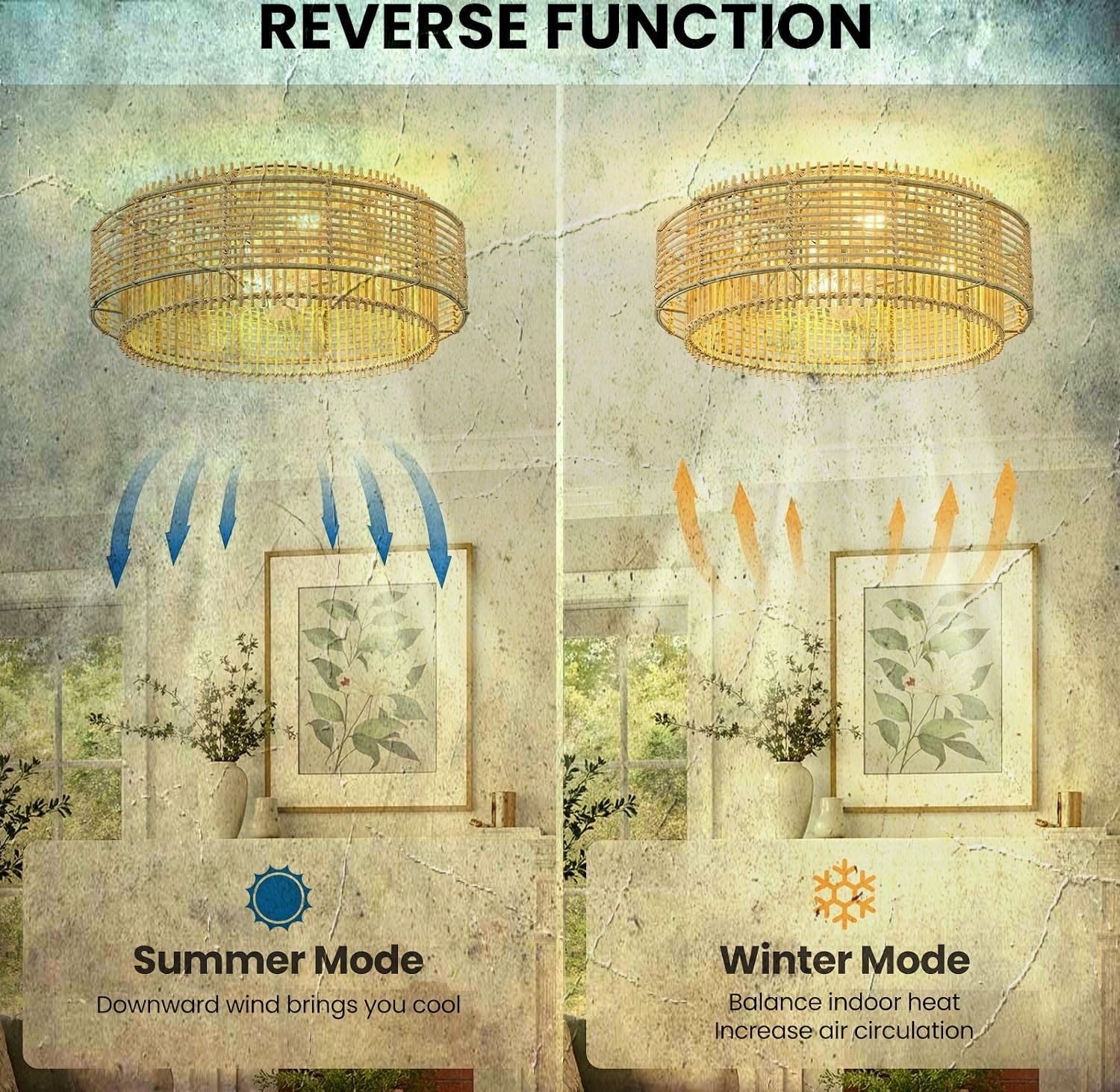 Boho Rattan Caged Ceiling Fan with Light & Remote, 19" Flush M - photo 3