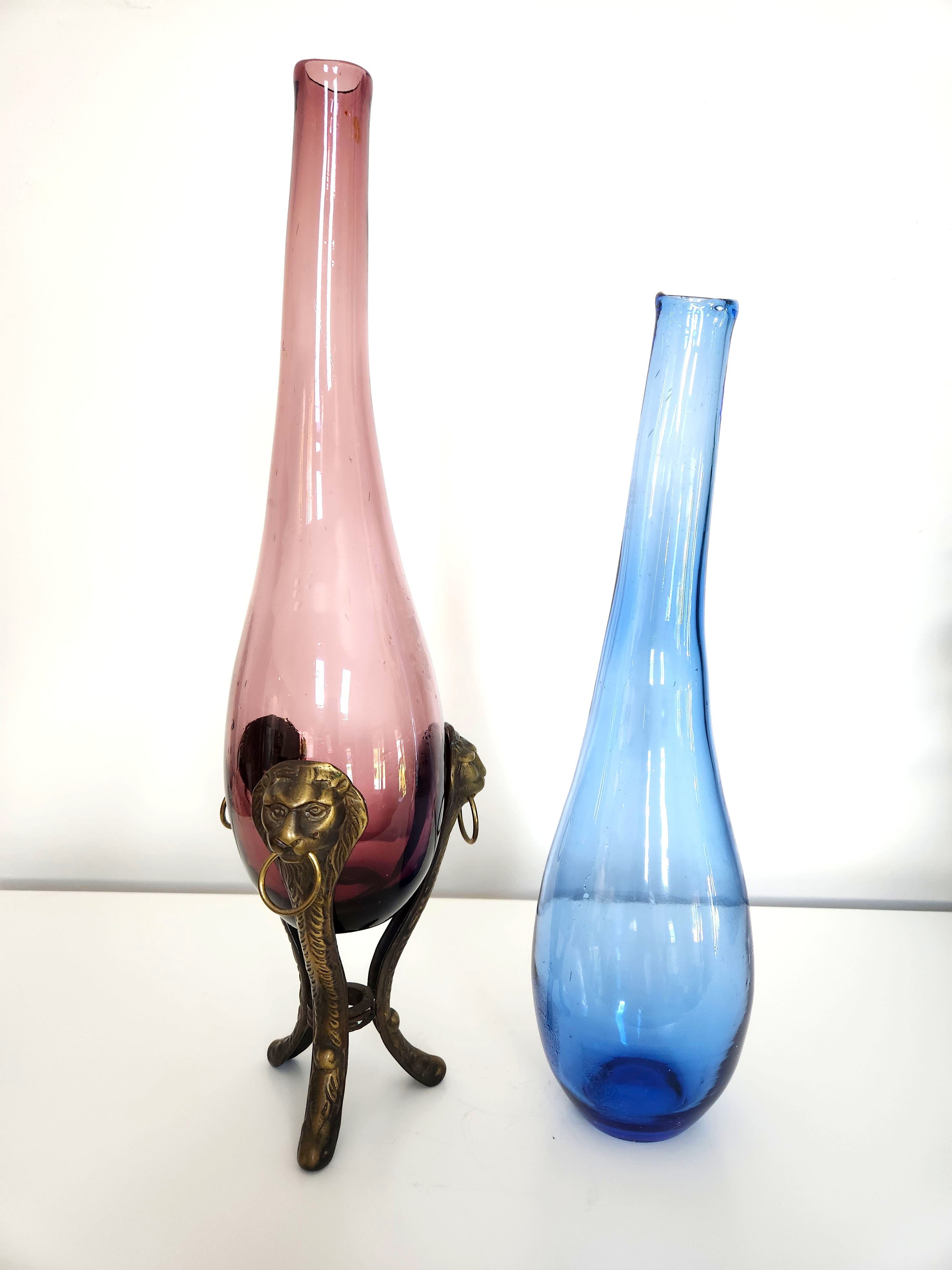 Two Art Glass Vases with Ornate Brass Lionhead Holder (3-Set) - photo 4