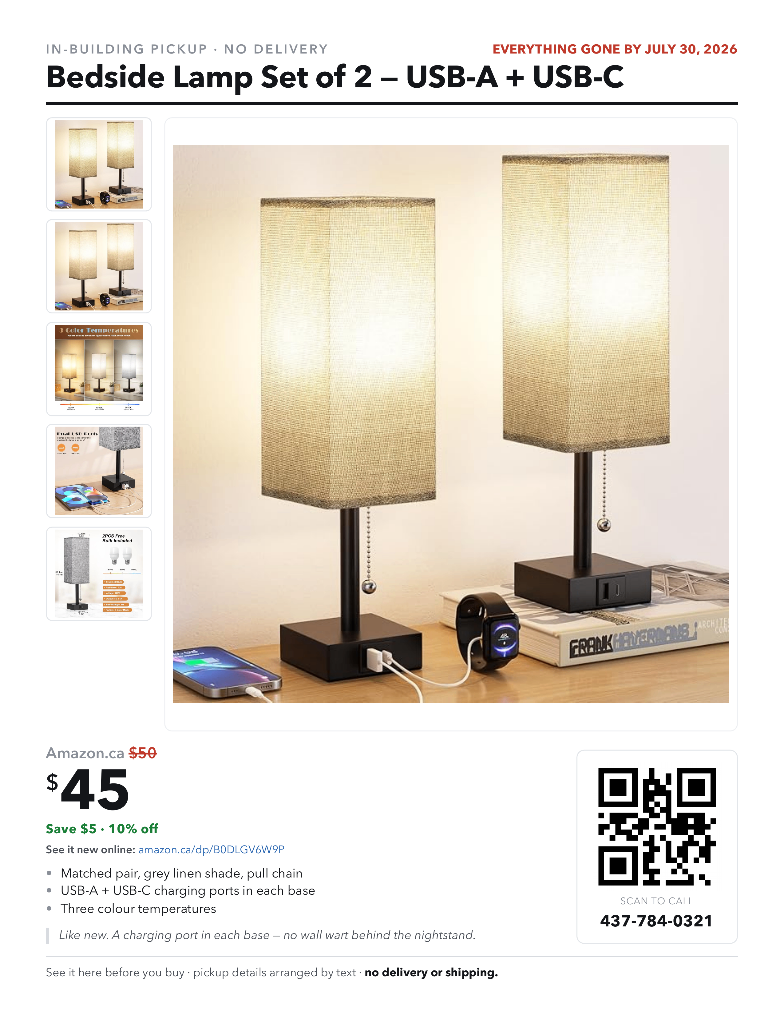 Bedside Lamp Set of 2 - USB-A + USB-C, 3 Colour Temps