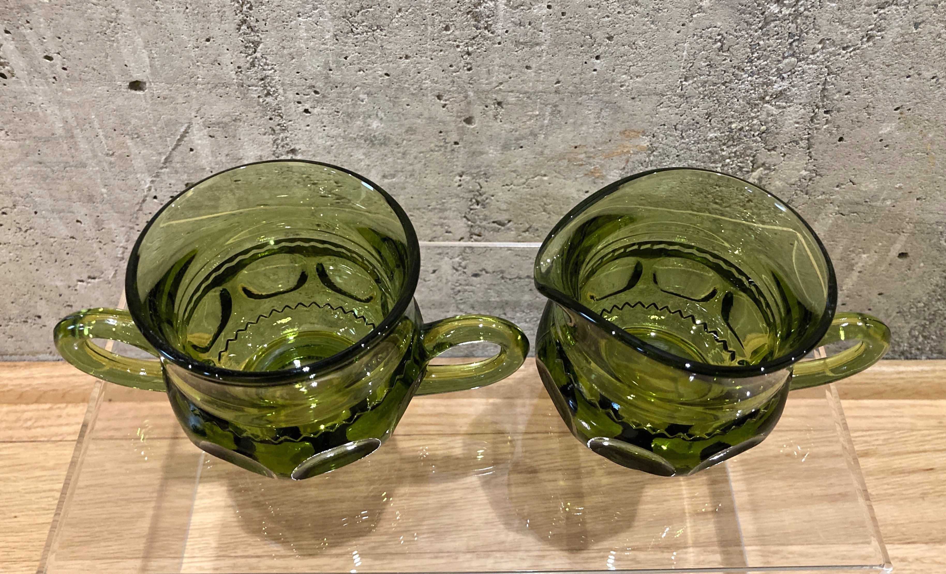 VTG Indiana Glass Kings Crown Thumbprint Green Set Sugar Creamer - photo 3