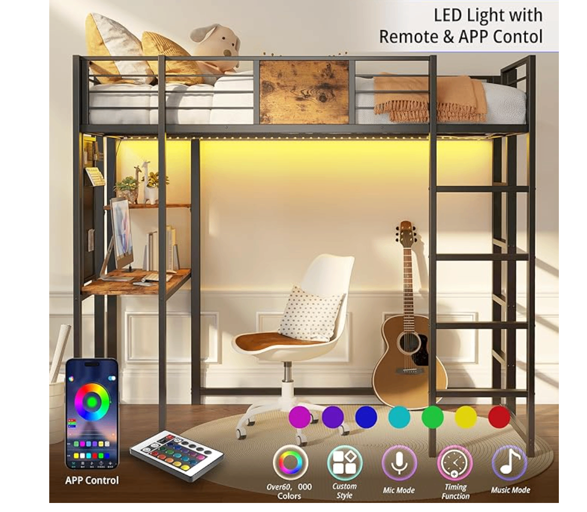Twin Metal Loft Bed w/ Desk, Power Outlet, and LED Light - photo 3