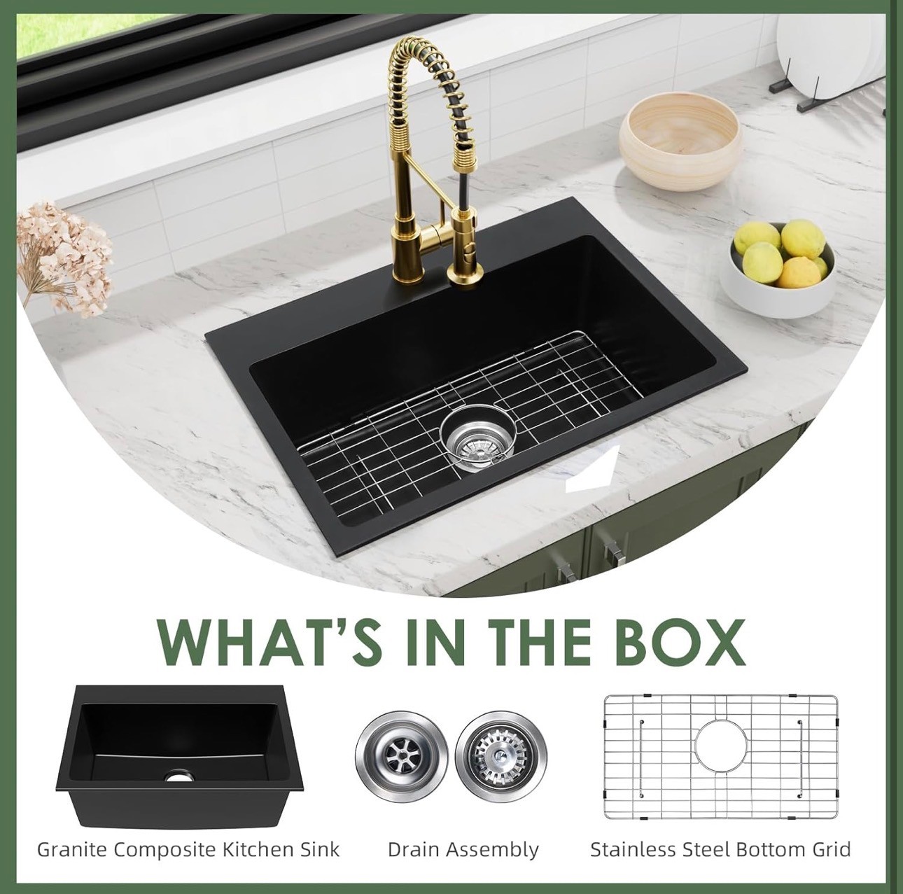 NEW: Black Quartz Granite Kitchen Sink 27X19x9 Dual Mount - photo 2
