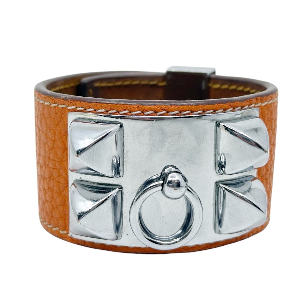 Hermes Paris Collier de Chien orange leather palladium bracelet - photo 2