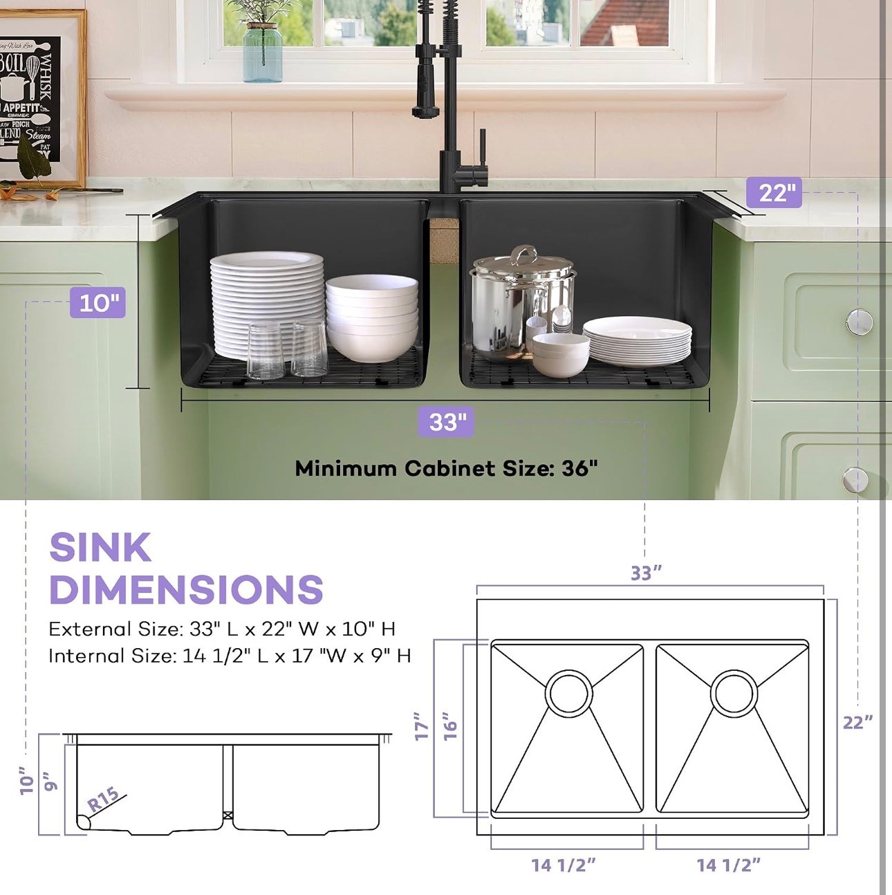 Black Drop in Kitchen Sink 50/50 Double Bowl 33x22" 16 Gauge - photo 2