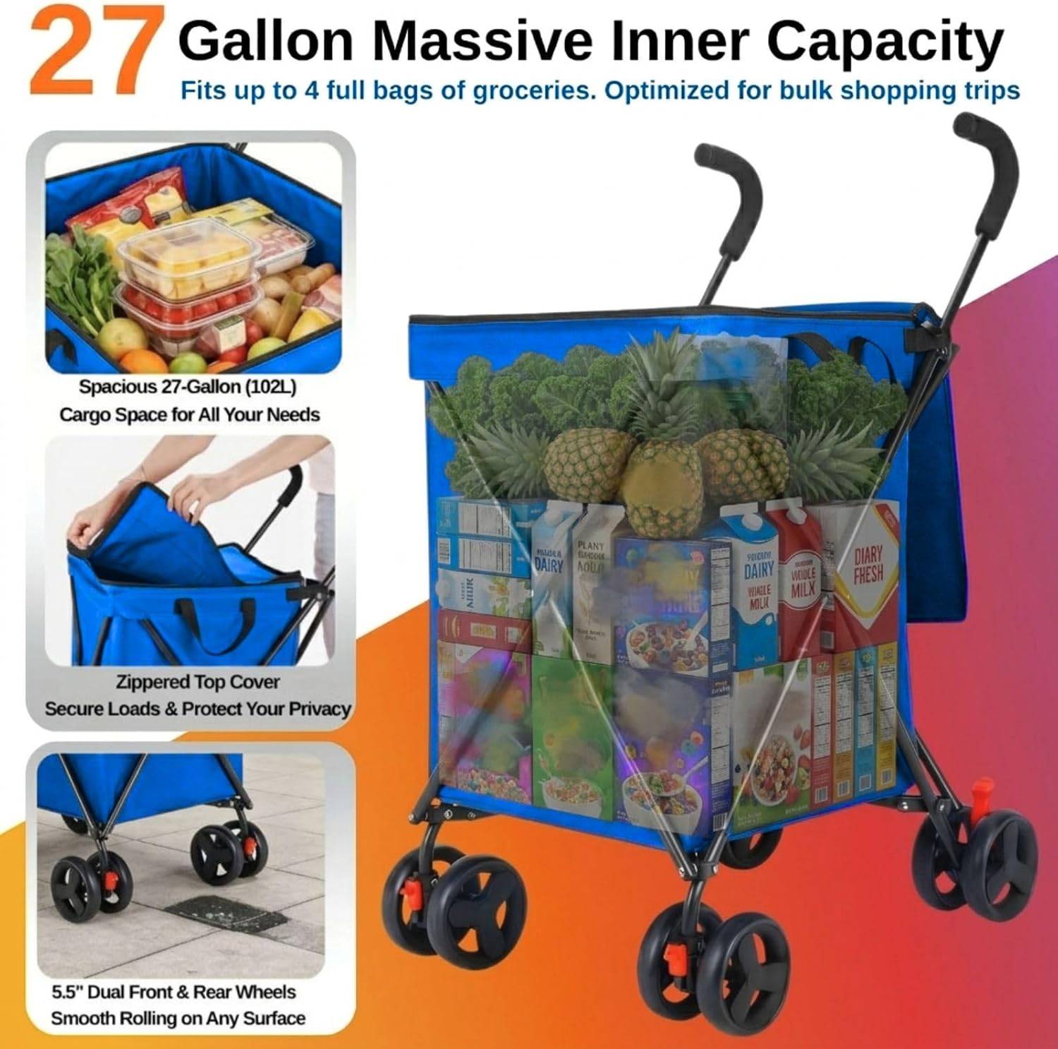 Foldable Shopping Cart with Wheels, 27 Gallon Large Capacity - photo 4