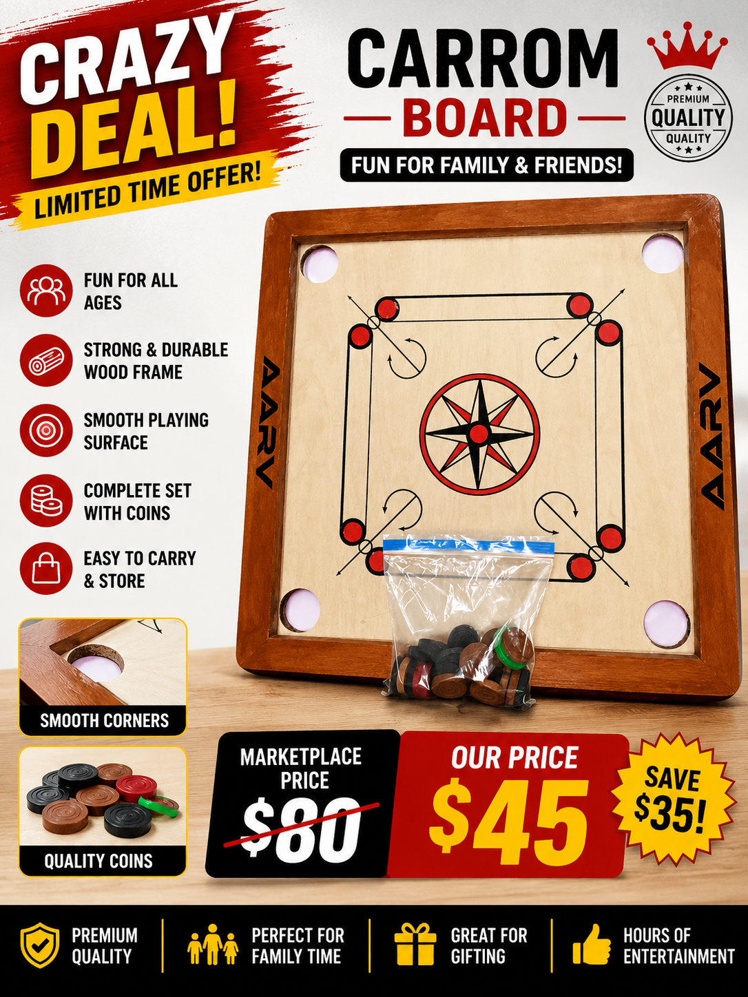 Premium Wooden Carrom Board with Coins | Family Game | - photo 3