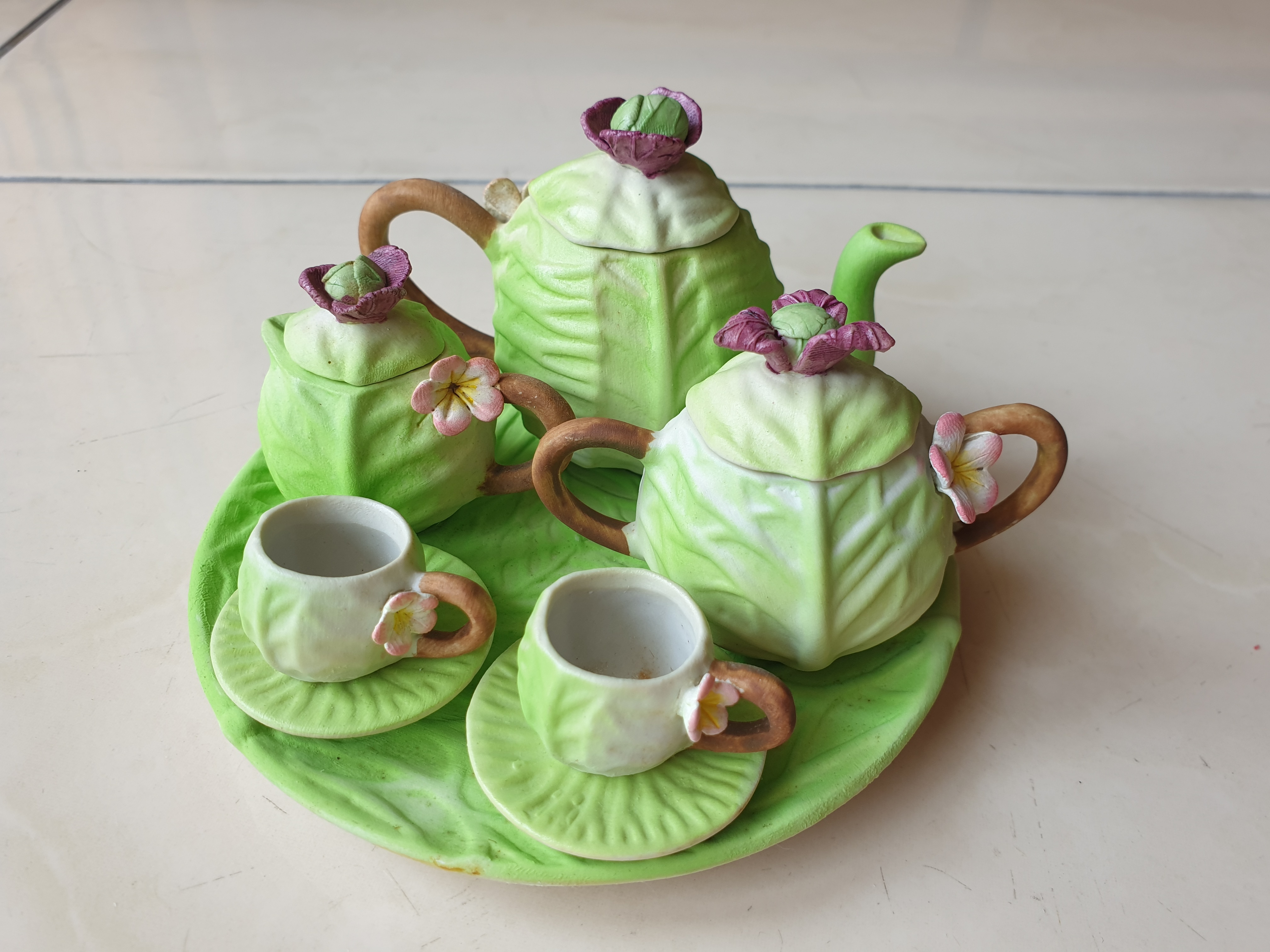 Vintage handmade miniature cabbage teacup plate set