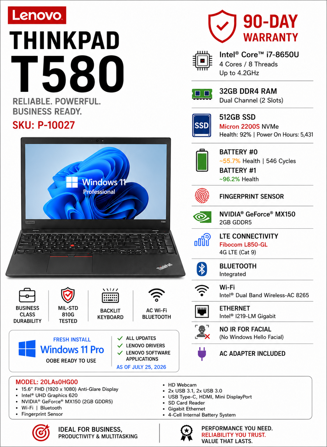 ThinkPad T580 i7-8650U 32GB R 512GB NVMe NVIDIA MX150 LTE Win11P