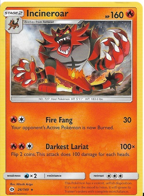 Pokemon Incineroar 26/149 Sun & Moon Base Non-Holo LP