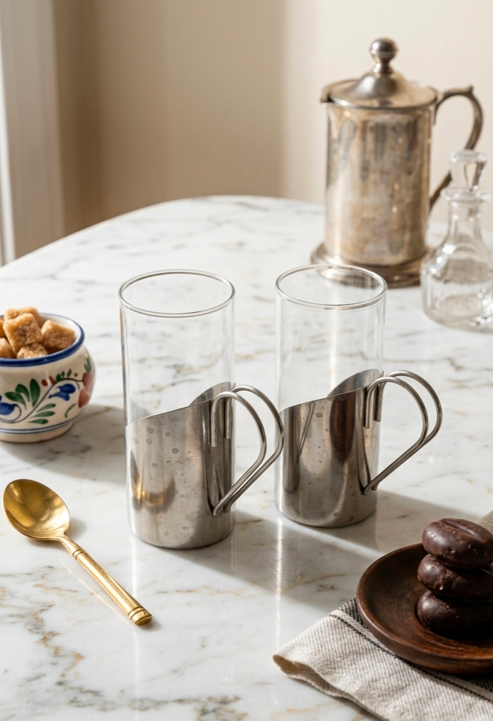 Set of 2 Clear Glass Tumblers with Metal Holders