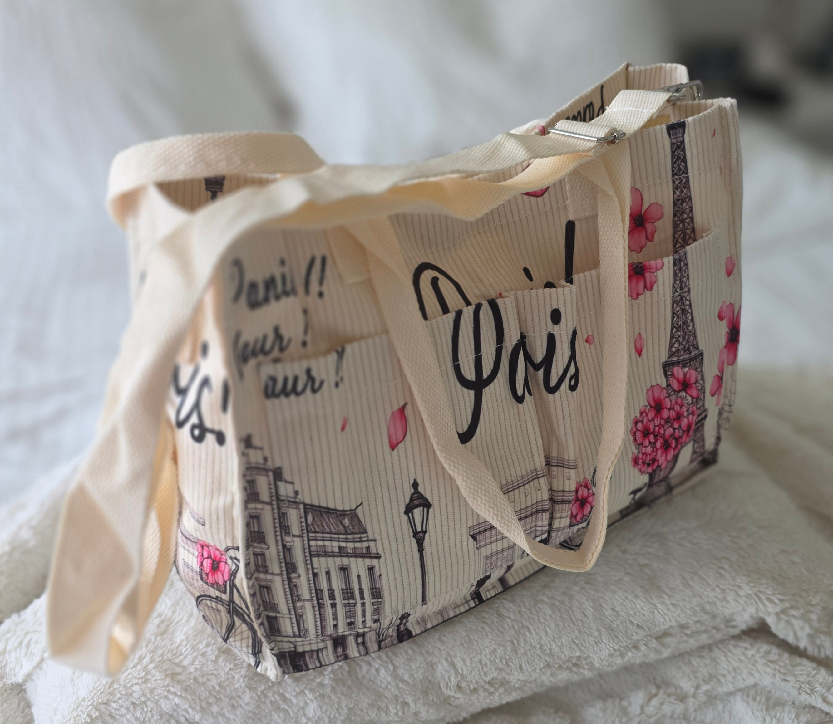Ladies-Summer Style "Paris Scenery" Themed-Corduroy-Tote Bag