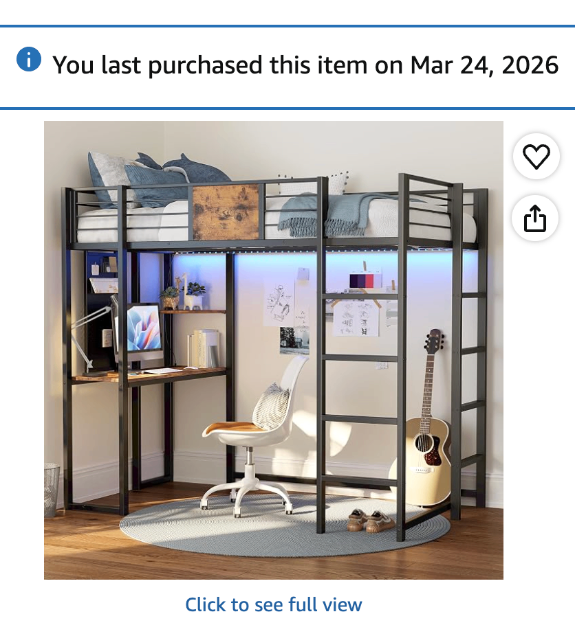 Twin Metal Loft Bed w/ Desk, Power Outlet, and LED Light