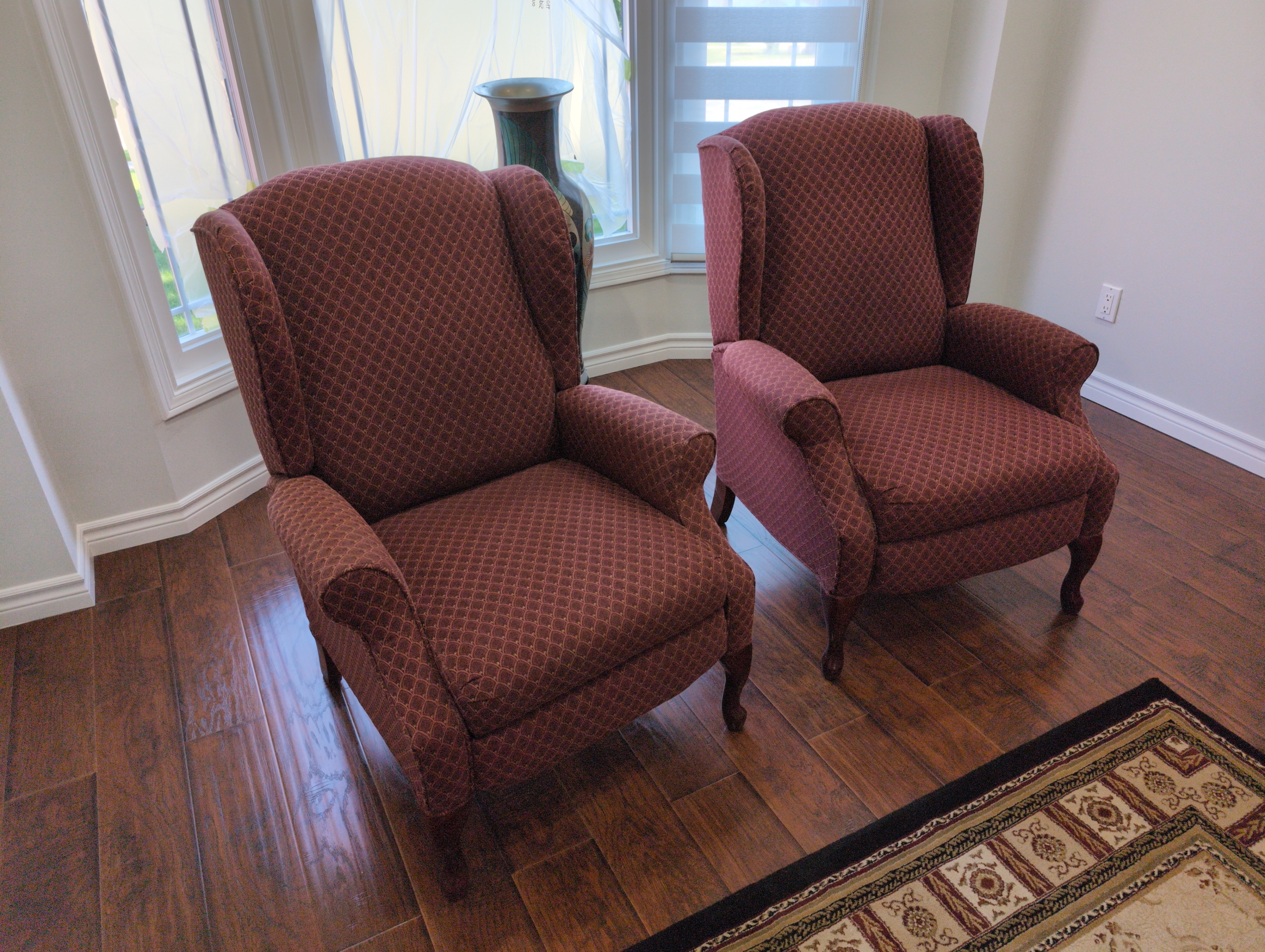 Red fabric recliner chairs $100. Each