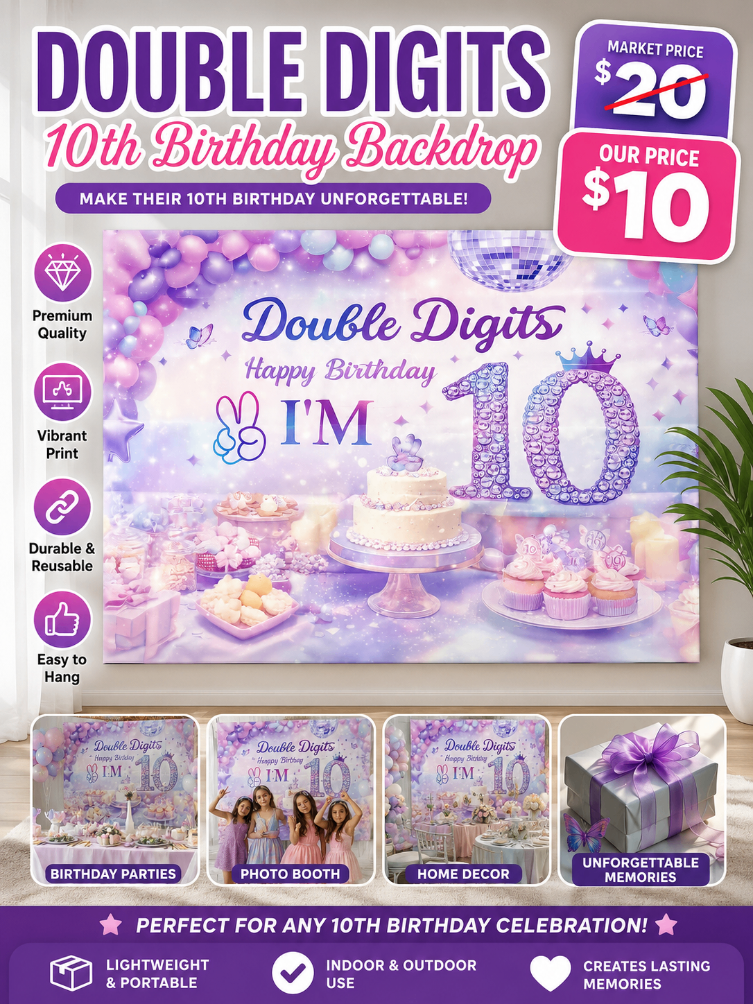 Double Digits 10th Birthday Backdrop Party Decoration