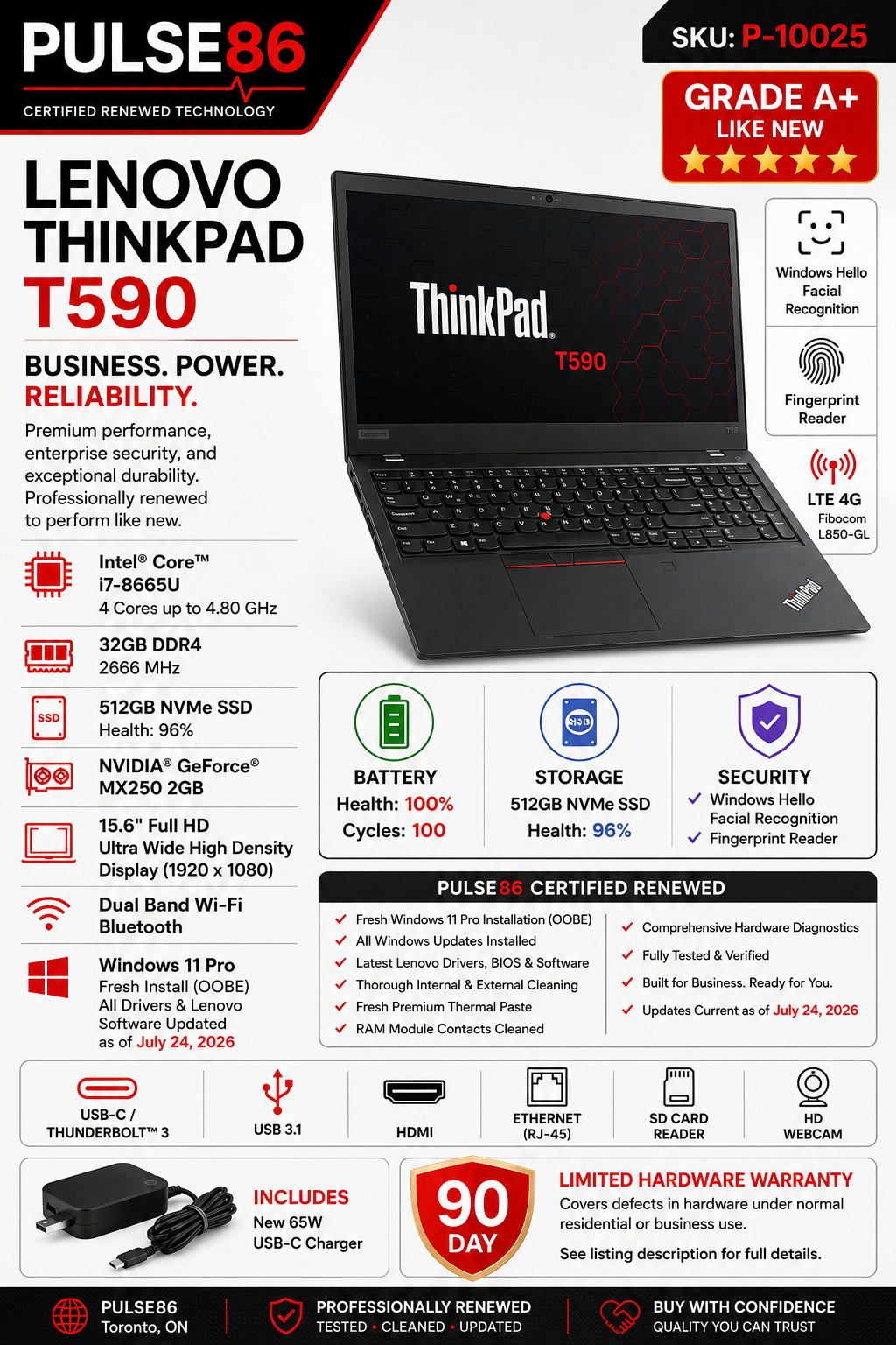 Lenovo ThinkPad T590 i7 32GB | 512GB SSD LTE NVIDIA MX250 Win11P