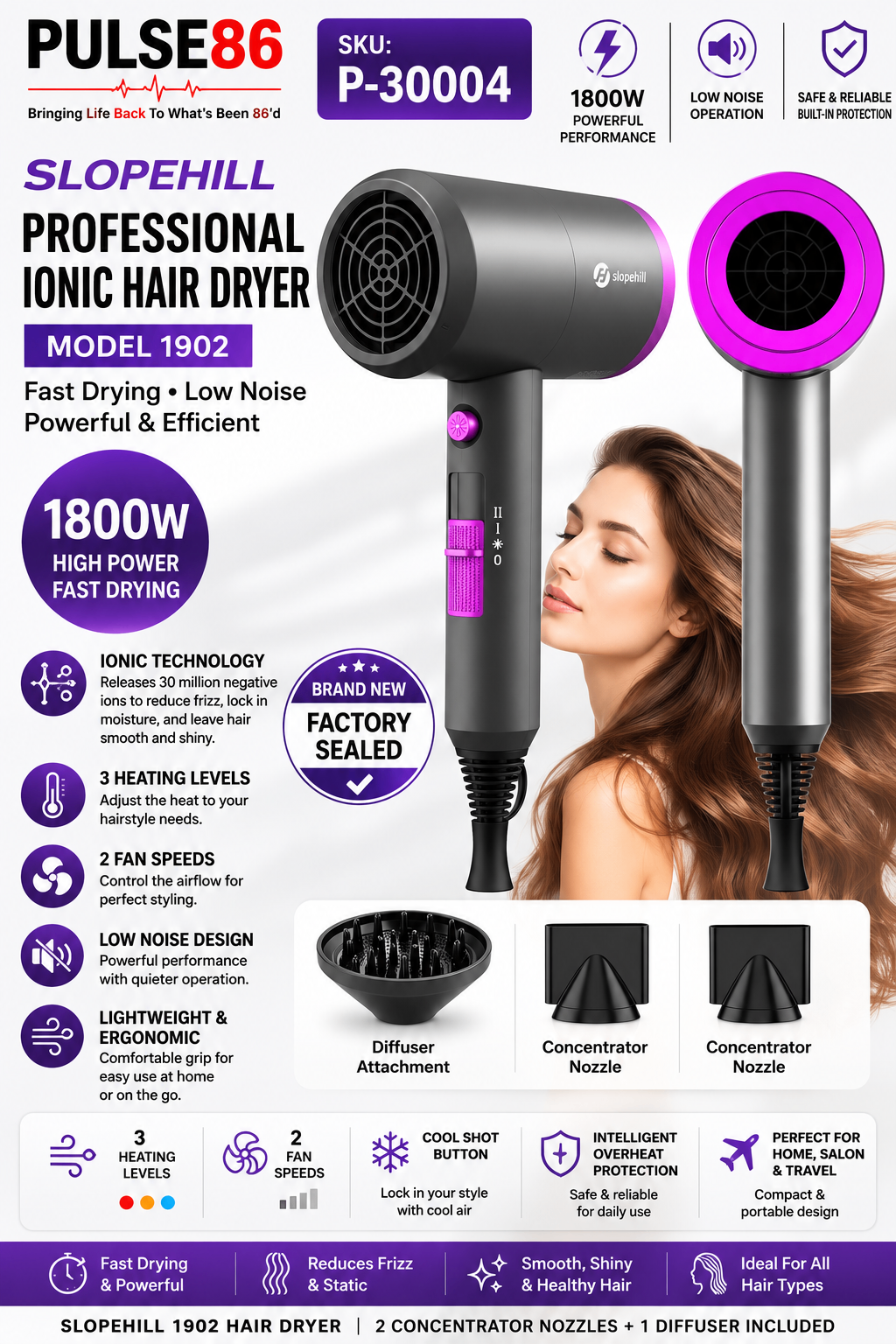 Slopehill Professional Ionic Hair Dryer – 1800W  Model 1902