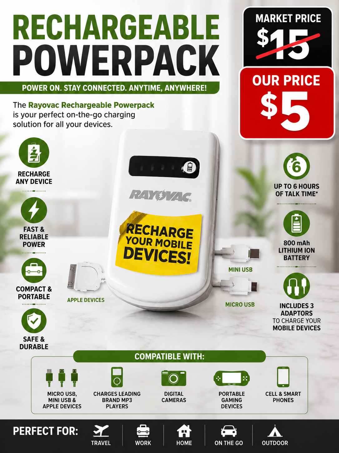 Rayovac Rechargeable Power Pack Portable Phone Charger | New - photo 2