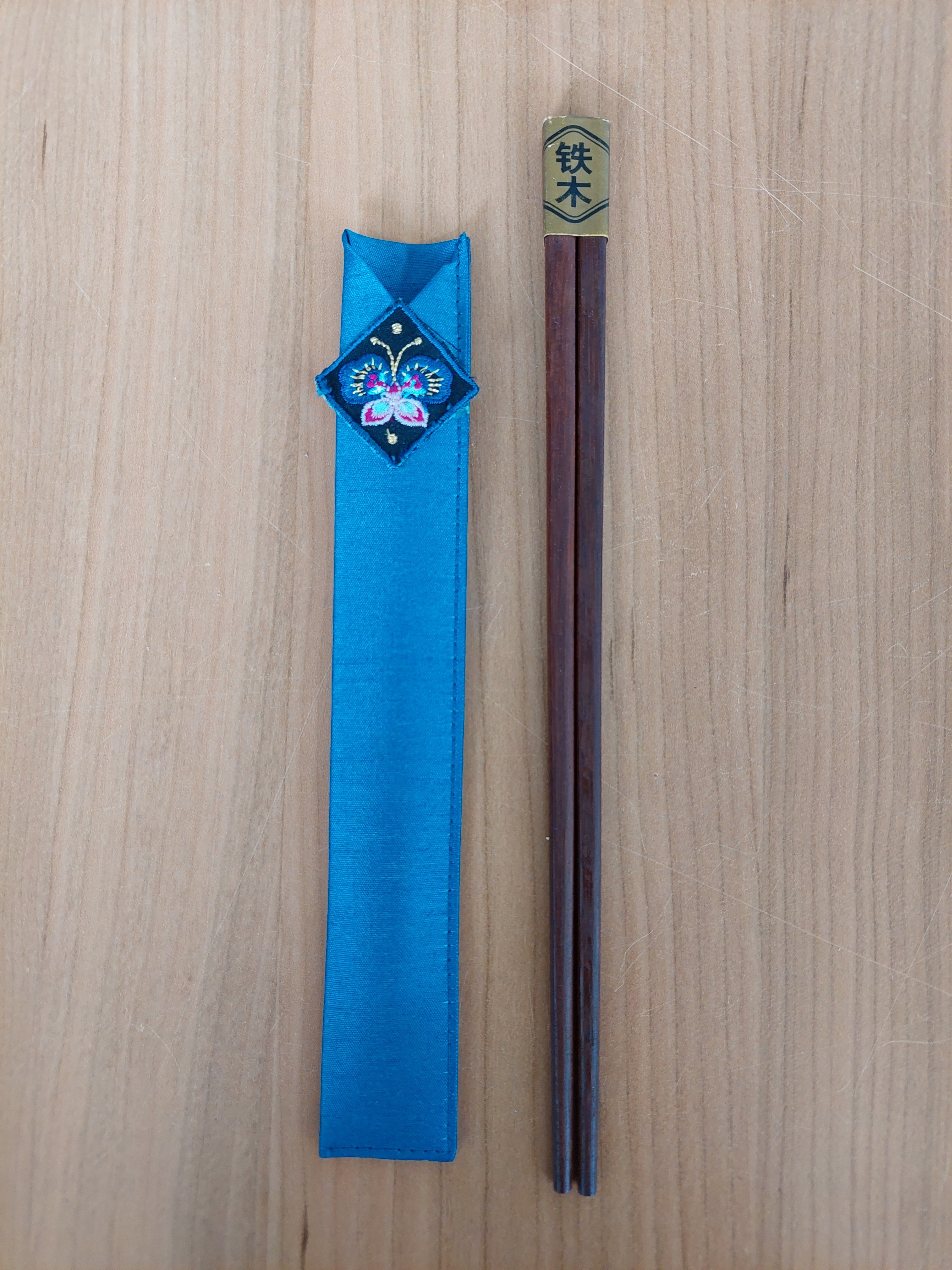 Wooden Chopsticks Blue Butterfly Pouch