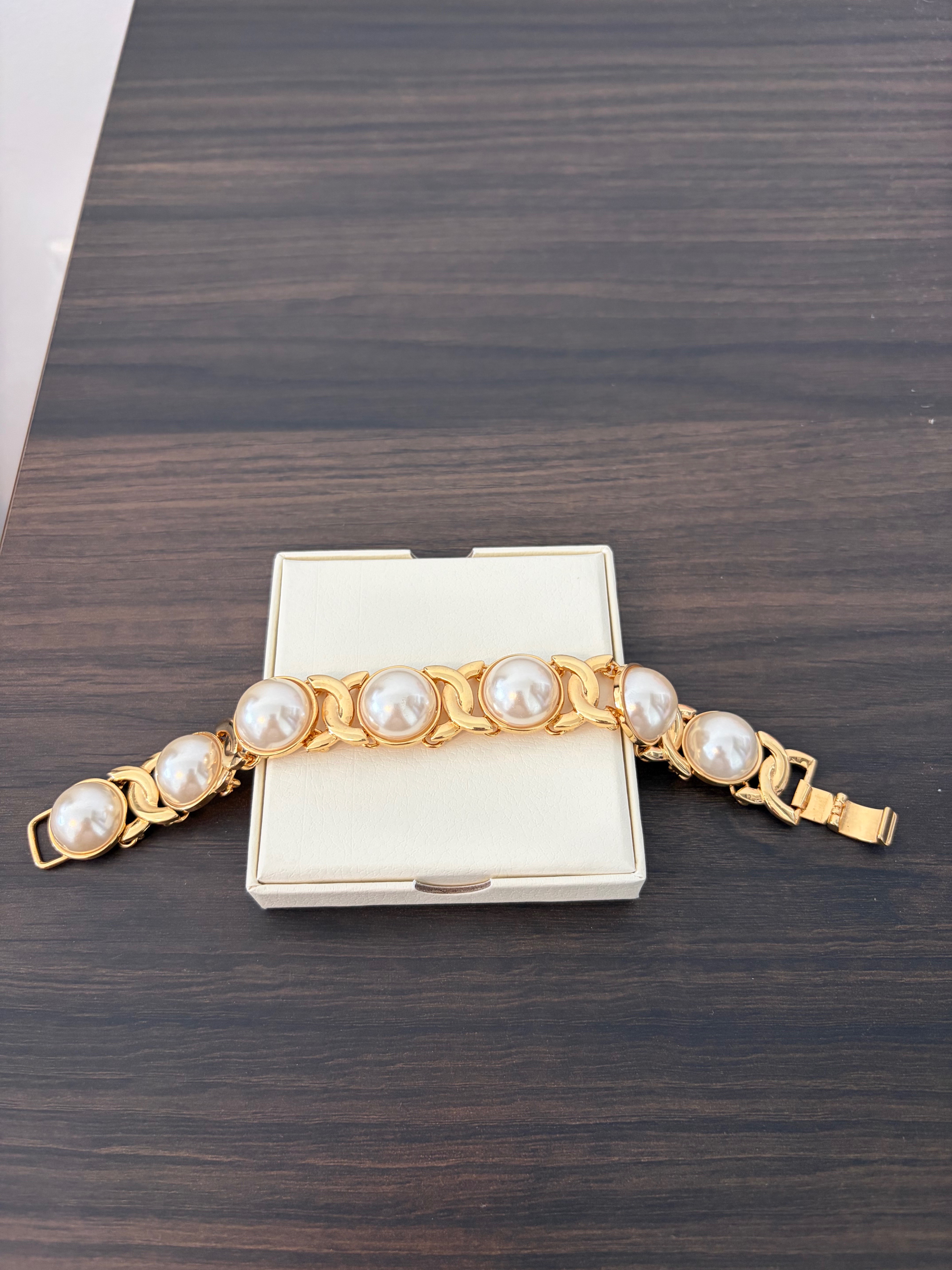 Gold Tone Pearl Link Bracelet 7.5" - photo 3