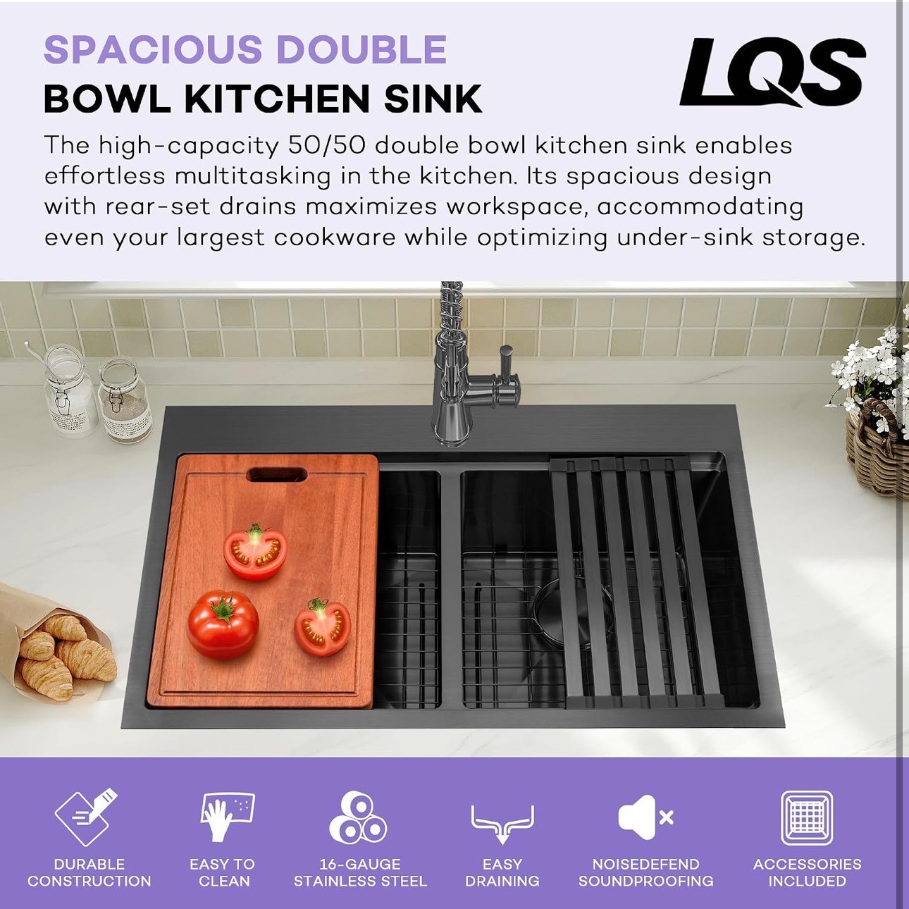 Black Drop in Kitchen Sink 50/50 Double Bowl 33x22" 16 Gauge - photo 3