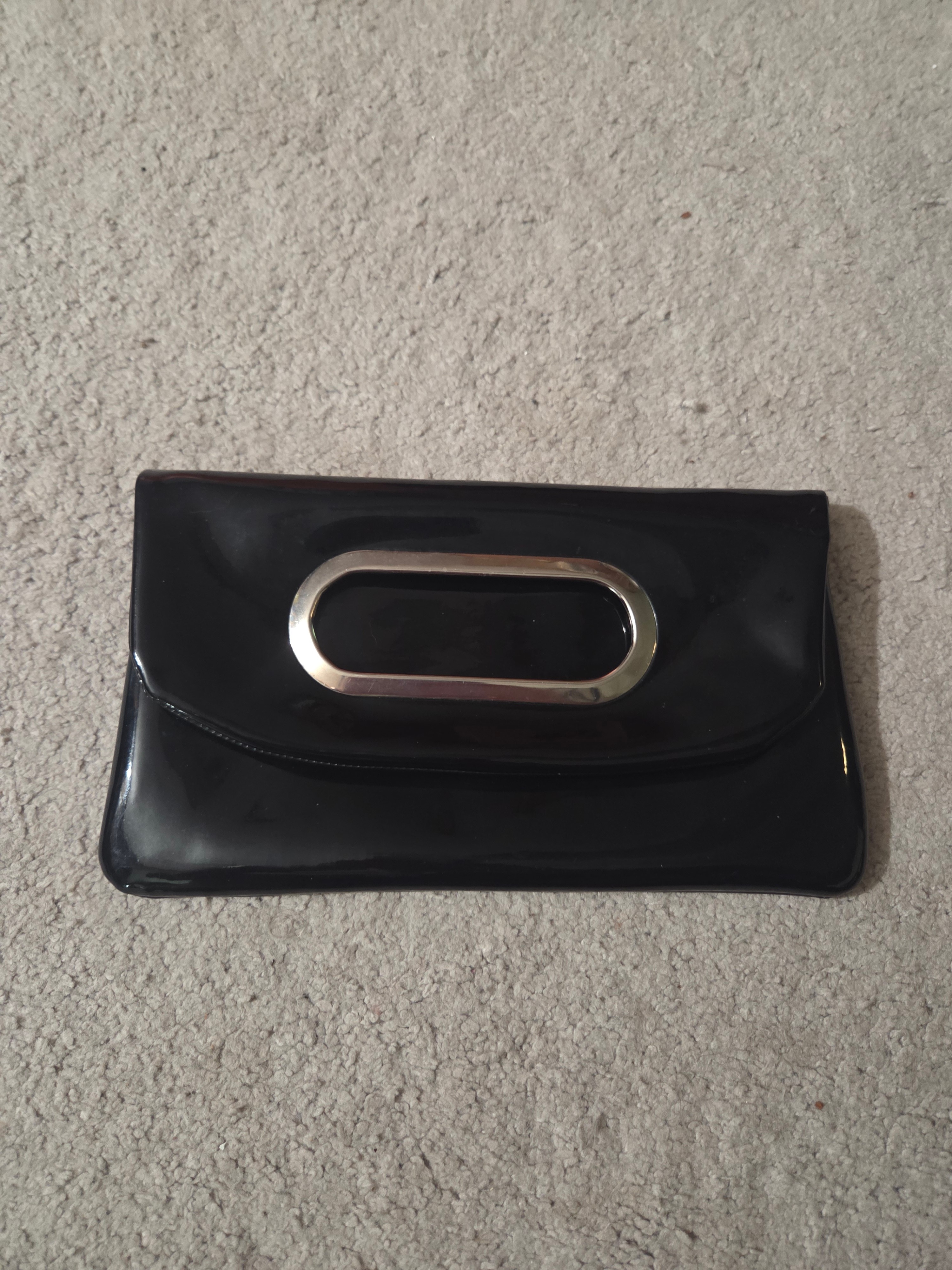 Vintage Black Patent Leather / Vinyl Foldover Clutch Purse 9x5"