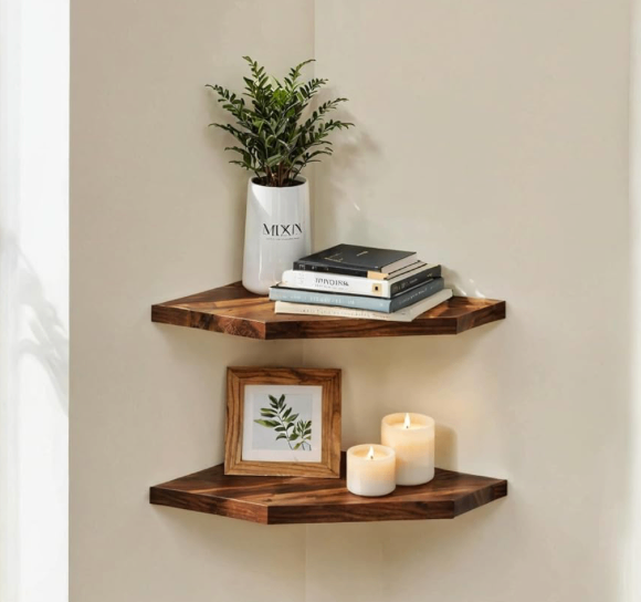 NIB 2 Solid Acacia Wood Corner Floating Shelves - Demigo - photo 3