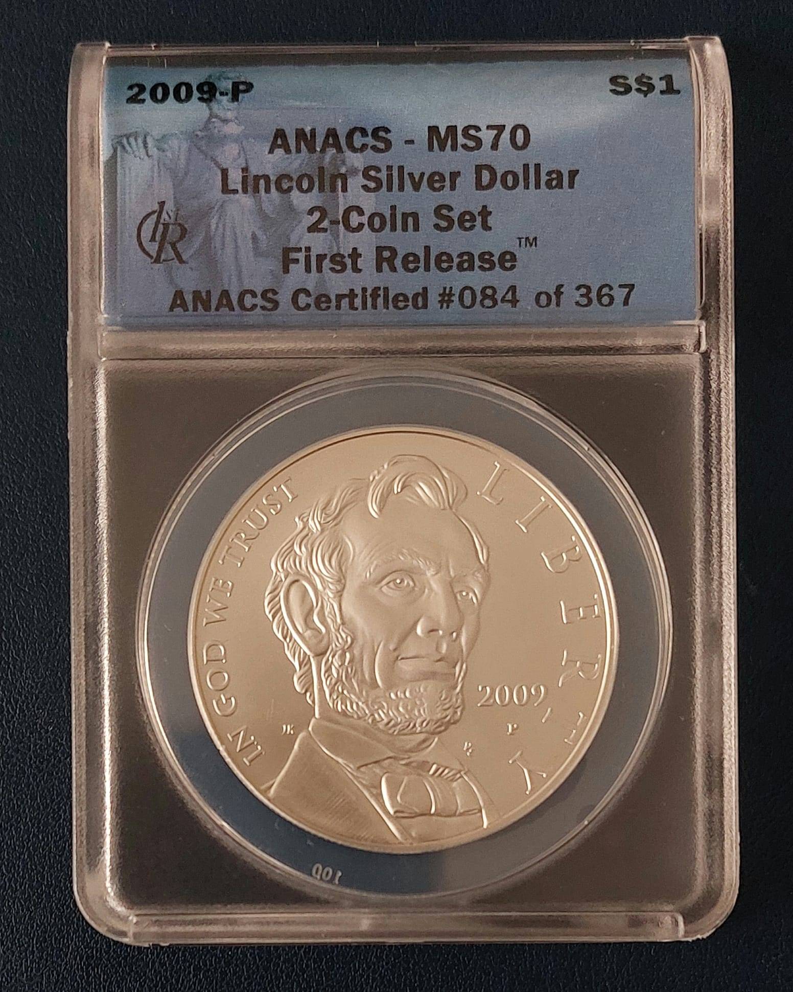 2-Coin 2009-P Lincoln Silver Dollar Set - ANACS MS70 & PR70 DCAM - photo 3