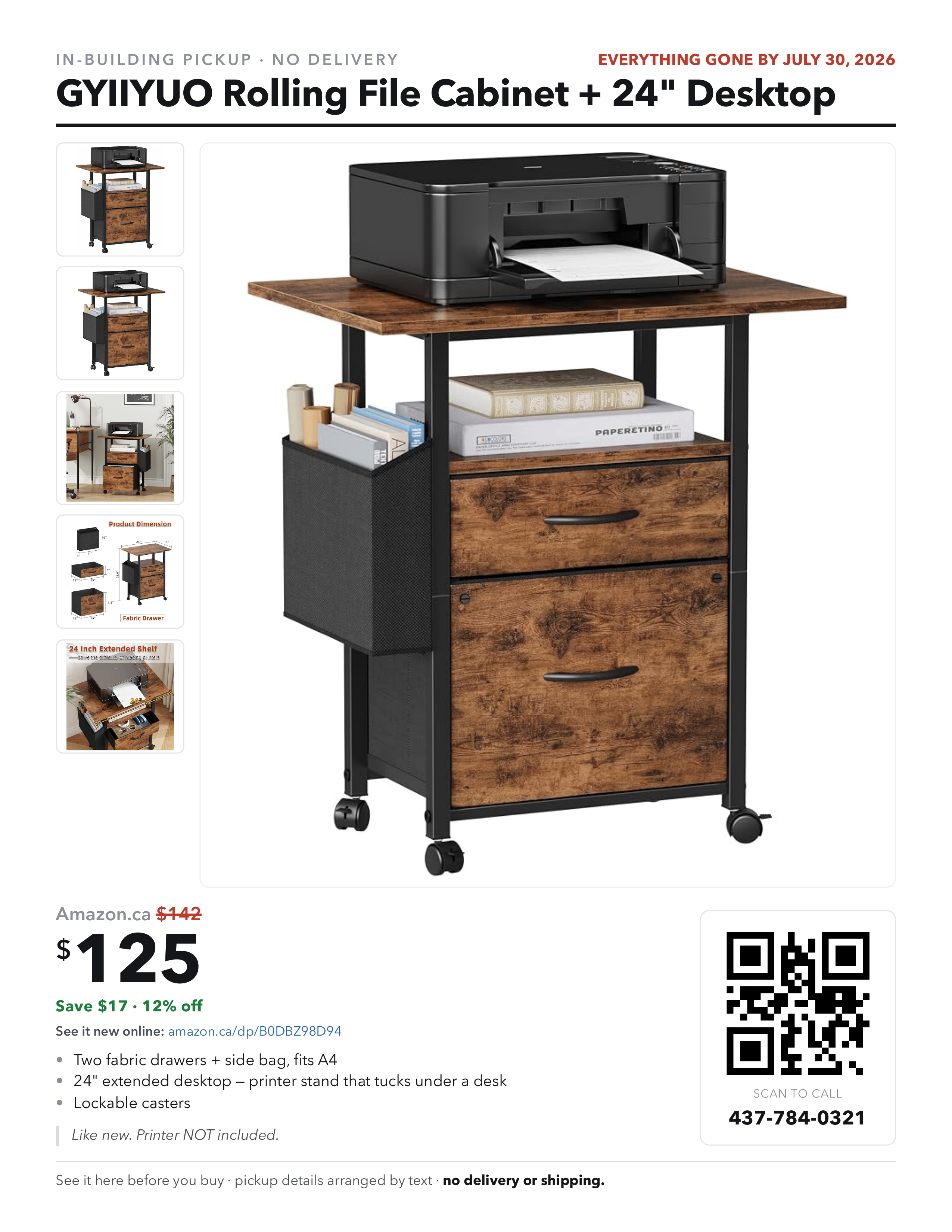 GYIIYUO Rolling File Cabinet w/ 24" Desktop - Like New