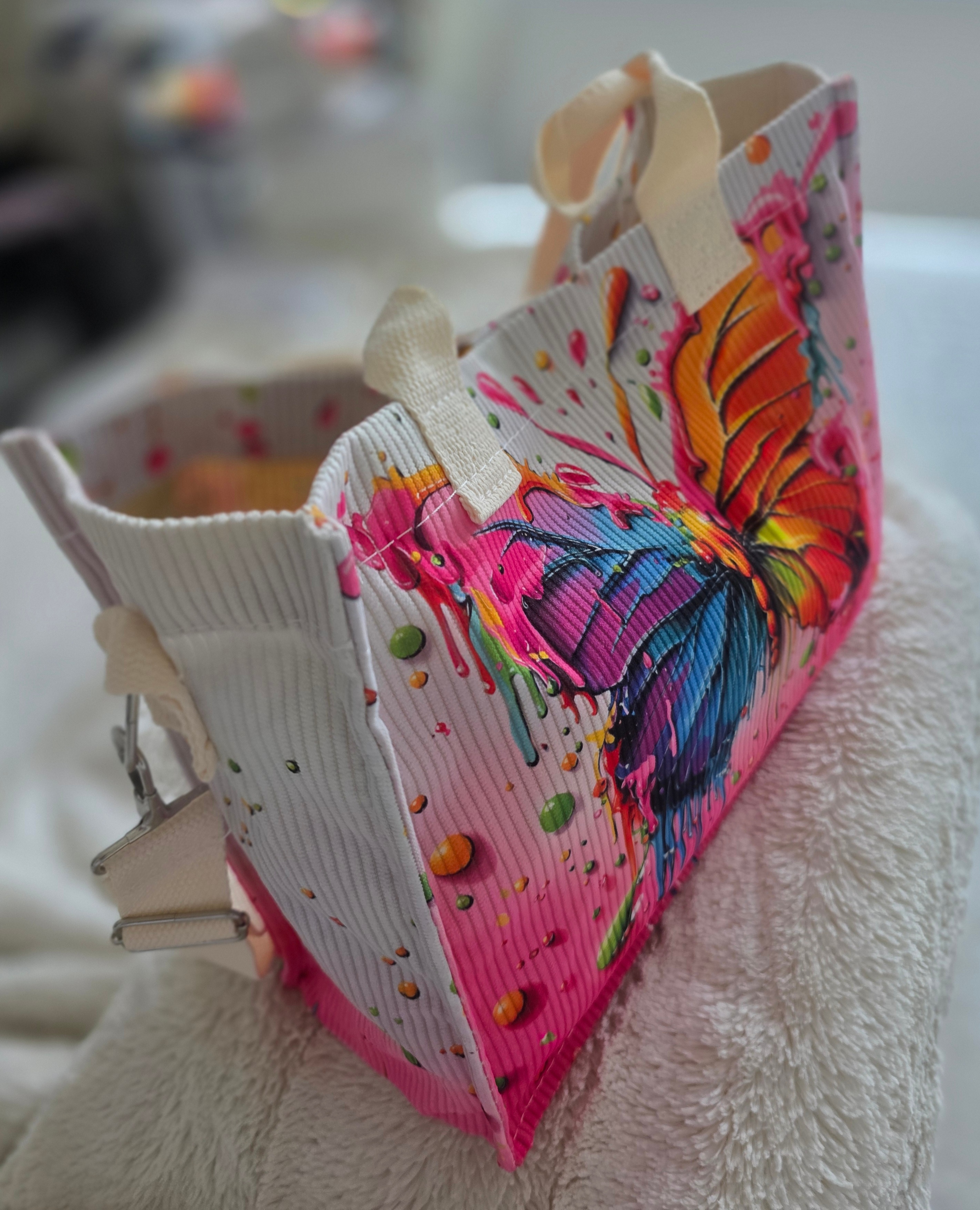 Ladies Medium-Colorful Ink-Spatter Butterfly-Corduroy Tote Bag - photo 3