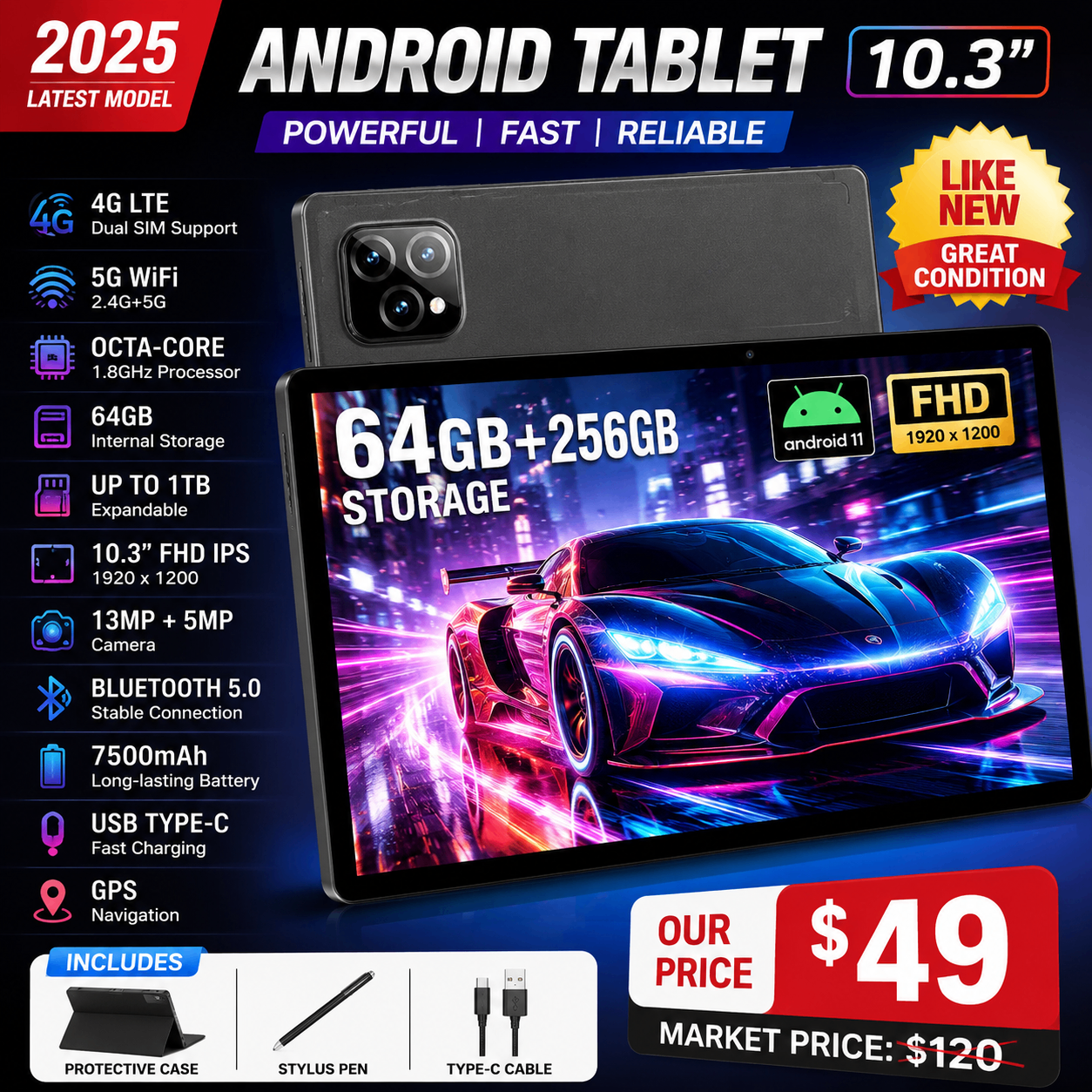 Kinstone 10.3" Android Tablet | 64GB | 4G LTE | FHD Display |