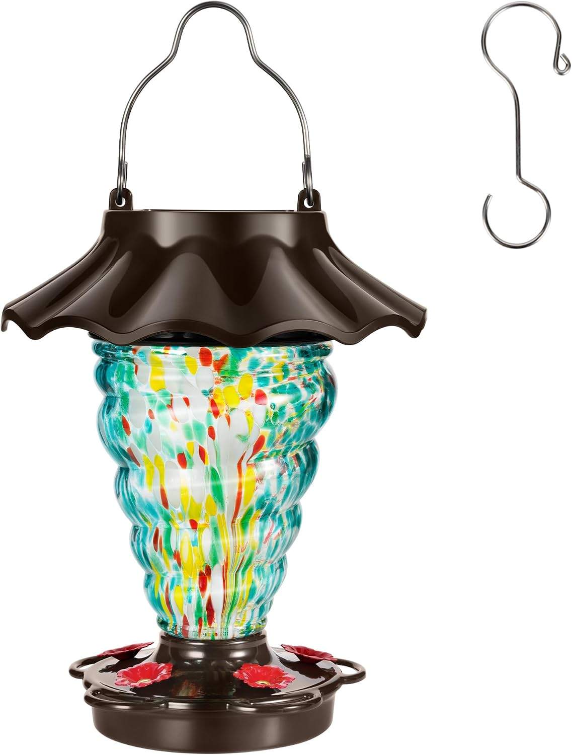 Spiral Glass Hummingbird Feeder w Solar RGB Lantern, 28 oz, Teal