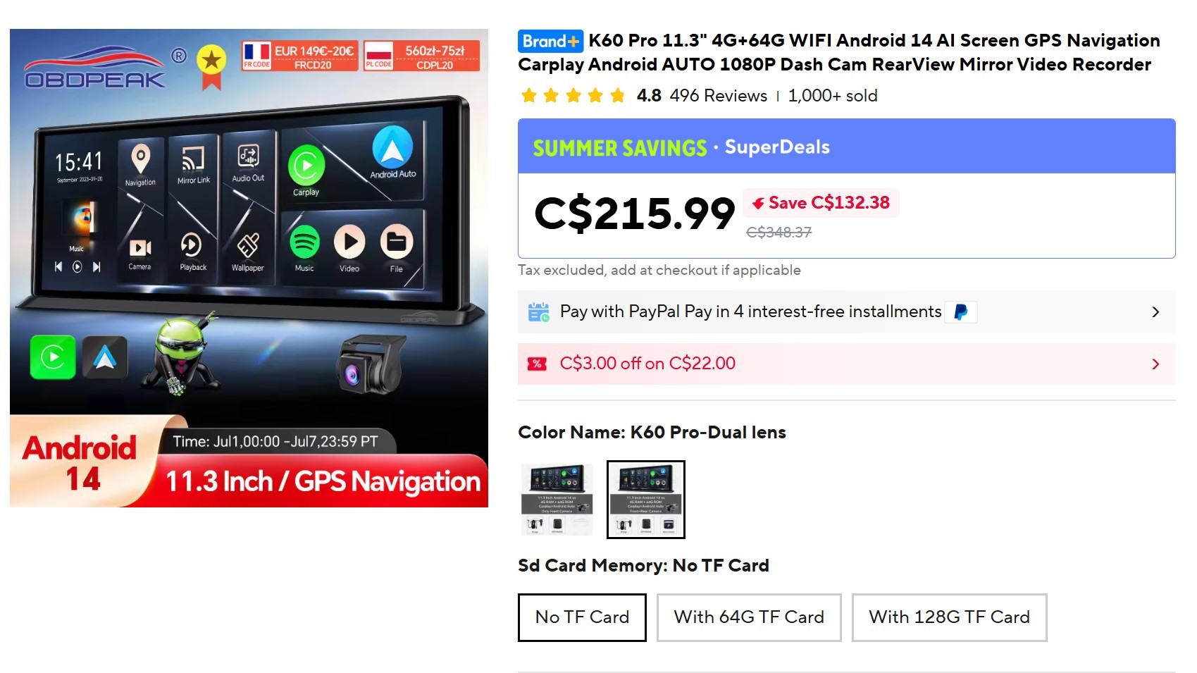 11.3" Android Auto / Apple CarPlay Smart Screen GPS Dash Cam - photo 2