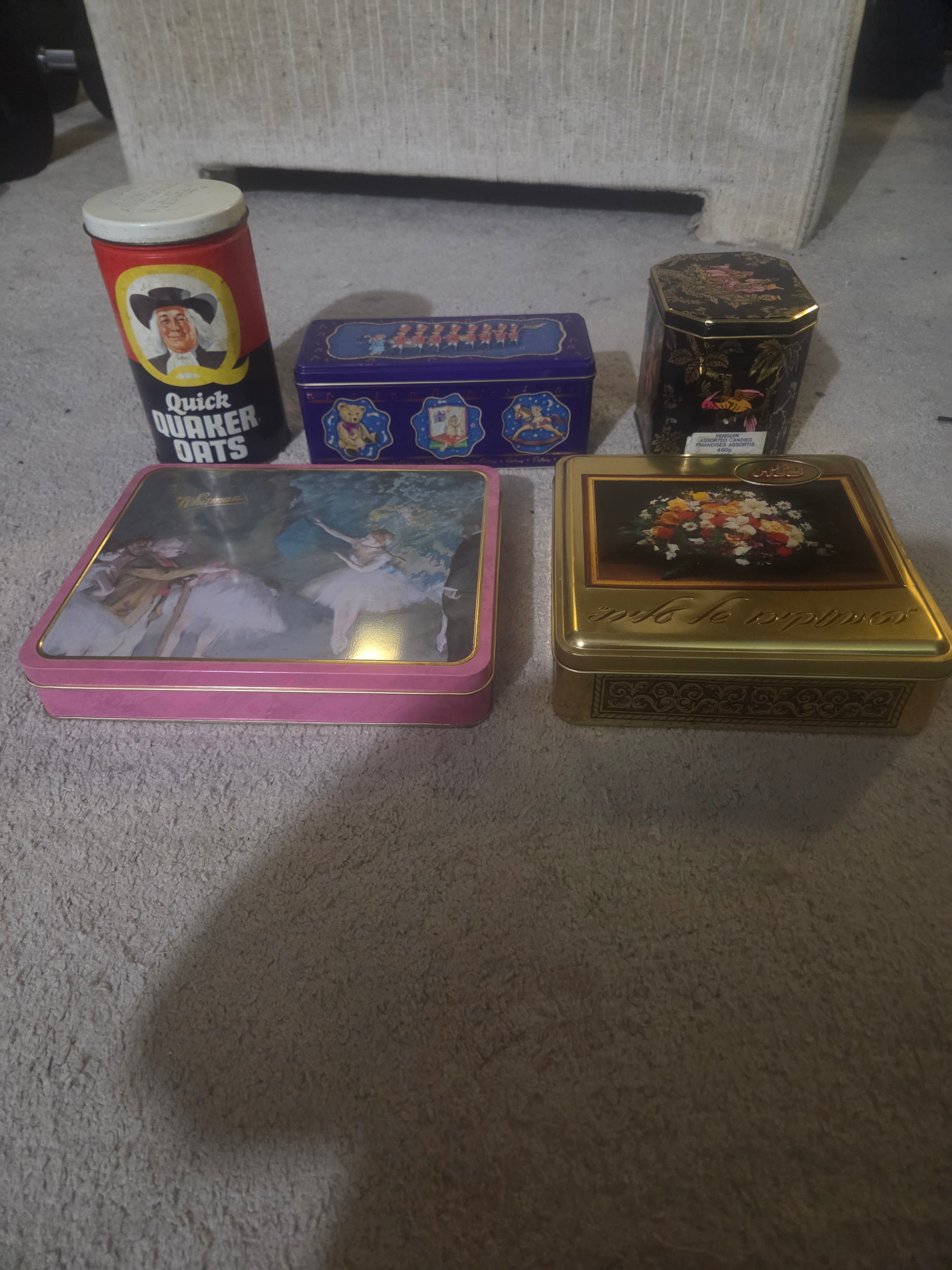 Vintage 5pc Collectible Tin Lot - Baret Ware, Cadbury, Whitman's