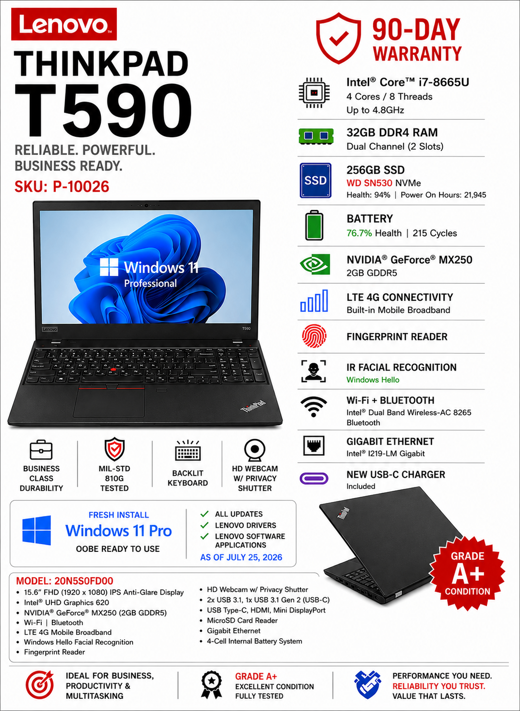 ThinkPad T590 i7-8665U 32GB  NVIDIA MX250 | LTE | Windows 11 Pro