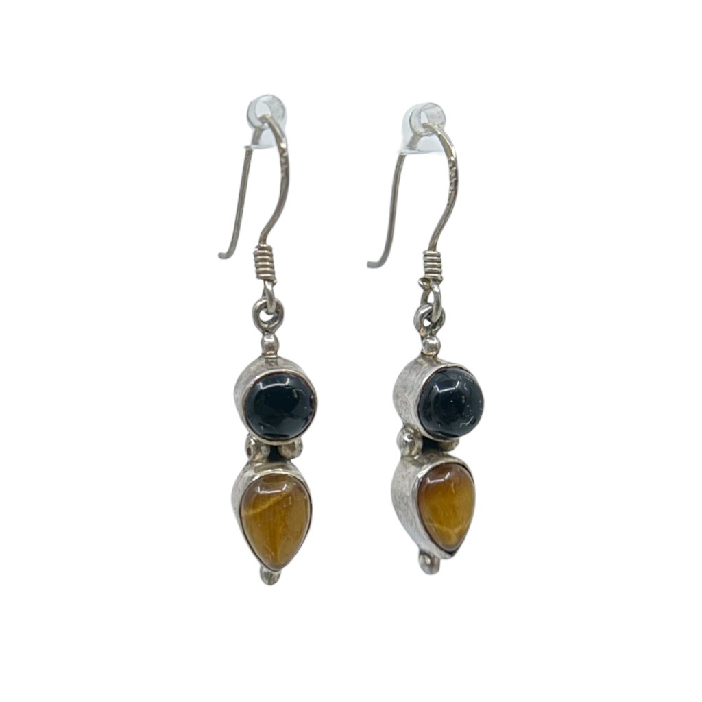Sterling silver Tiger's eye & onyx drop earrings - GM1003 - photo 3