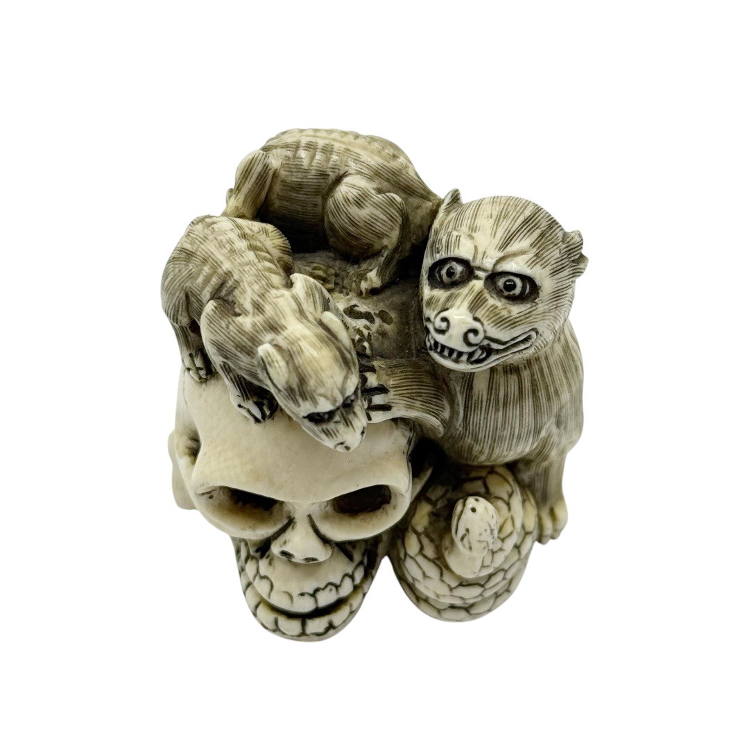 Meiji period Memento Mori bone Skull snake possum netsuke - photo 3