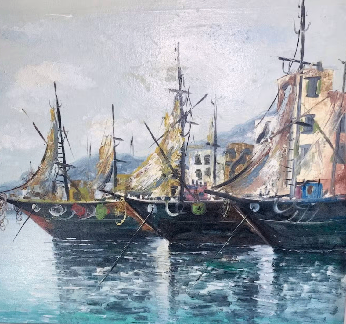 IZZILLO OIL PAINTING On CANVAS – VIBRANT ITALIAN HARBOUR SCENE - photo 2
