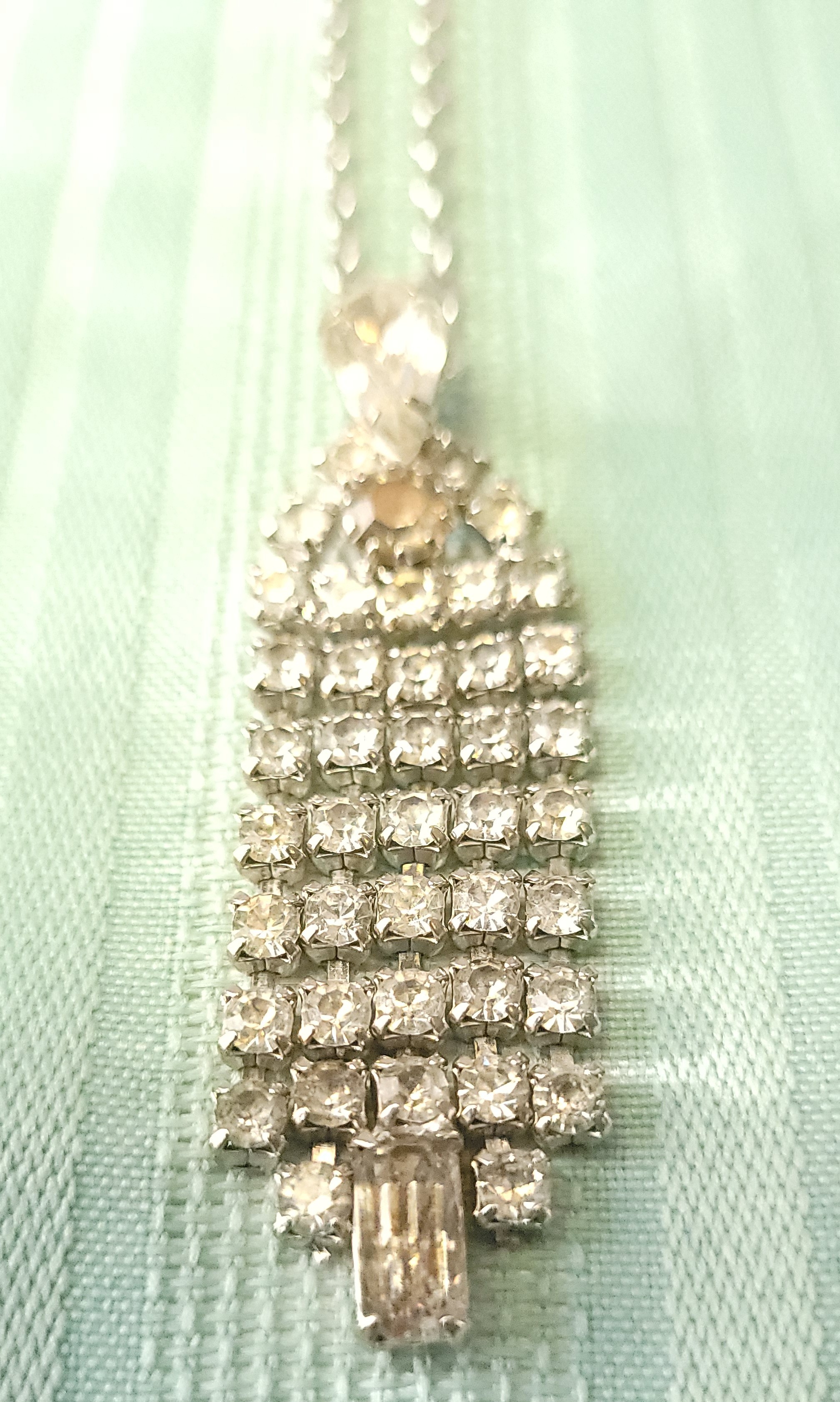 Circa 1950s Clear Rhinestone Waterfall Pendant Necklace Long