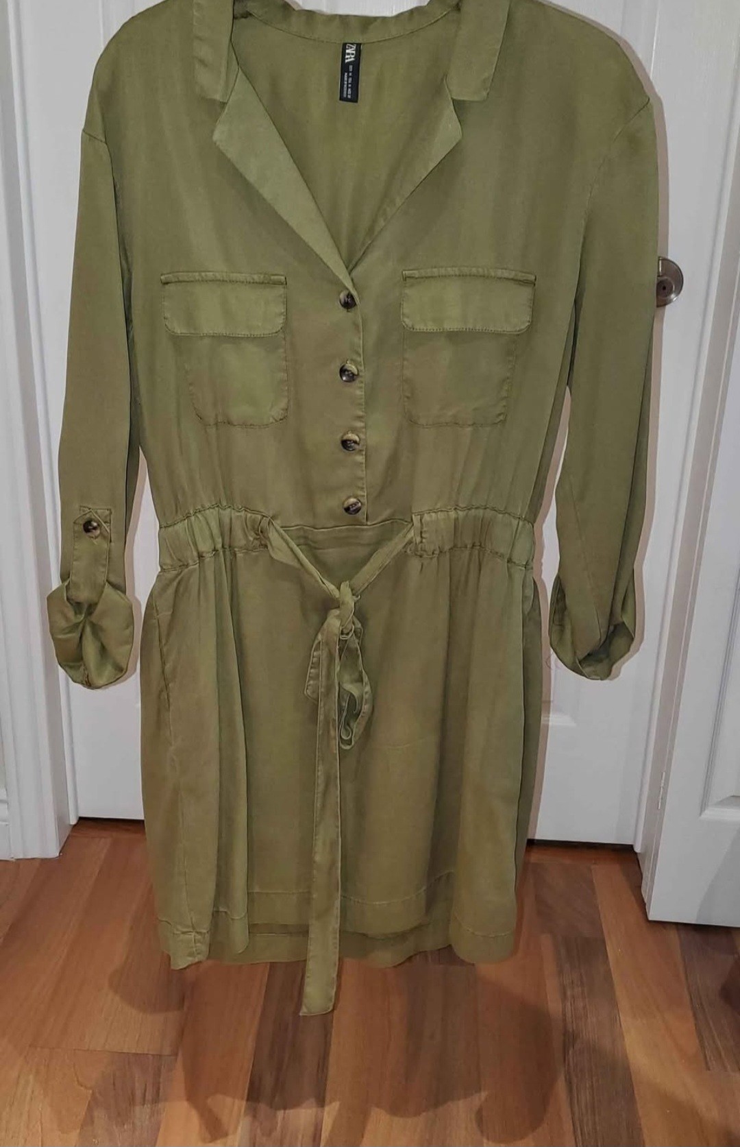 ZARA Olive Green Belted Button Shirt Dress