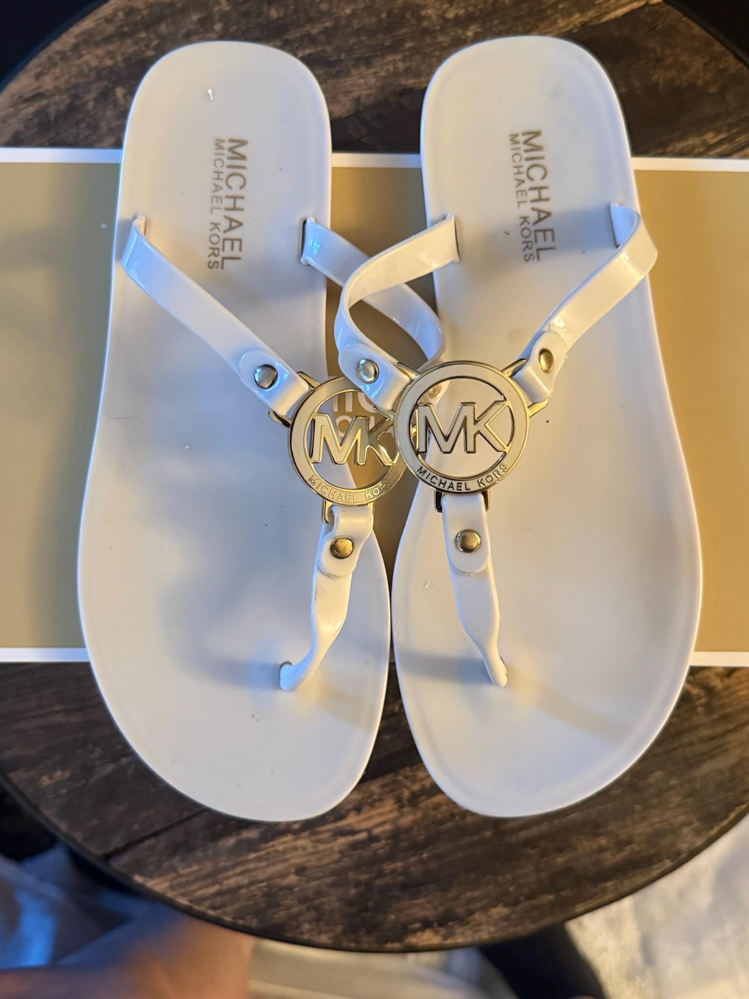 Michael Kors White Thong Sandals with Gold MK Logo - photo 2