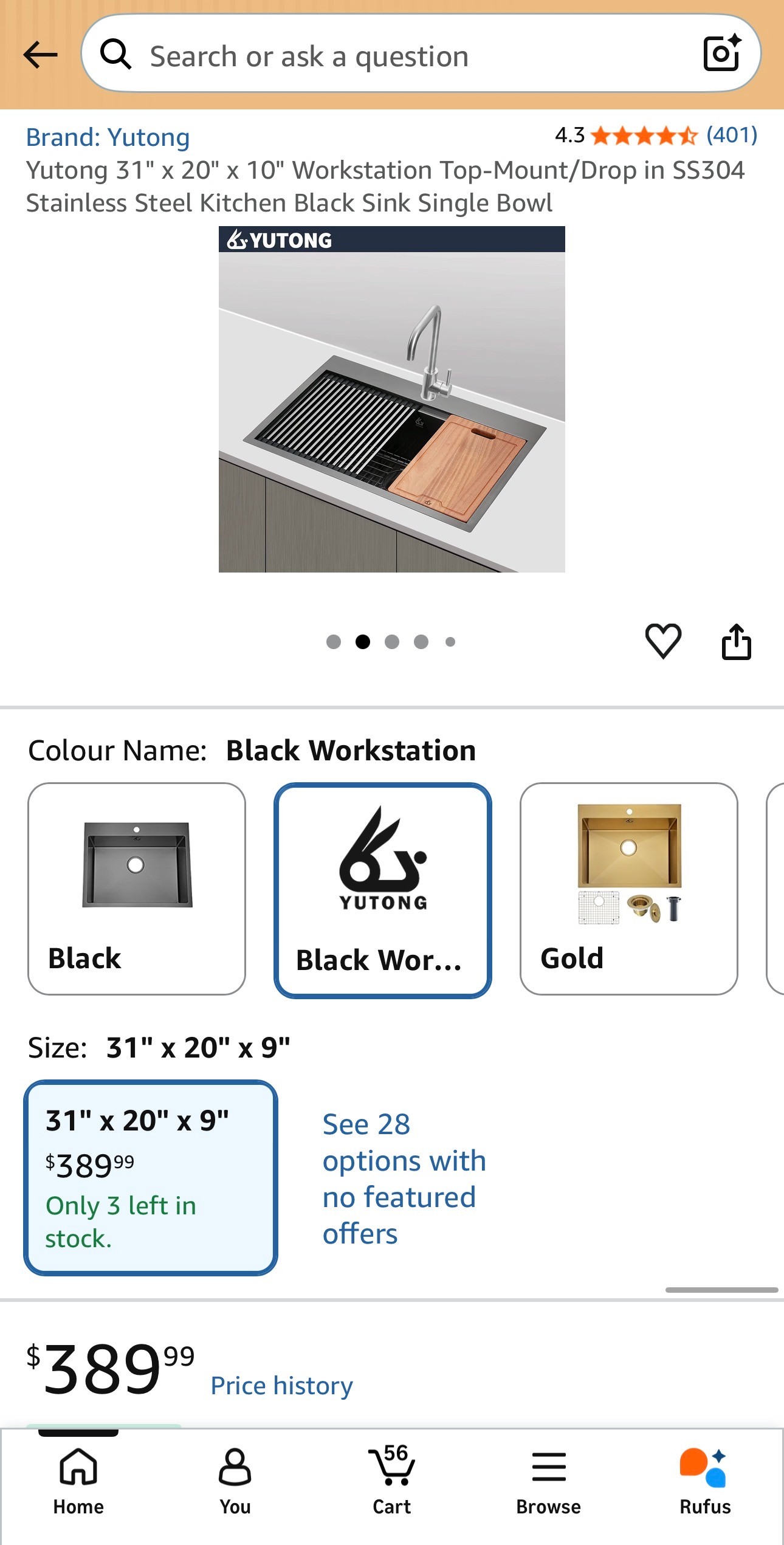 NEW: Kitchen Sink 31x20x10" Black 304 Stainless Steel