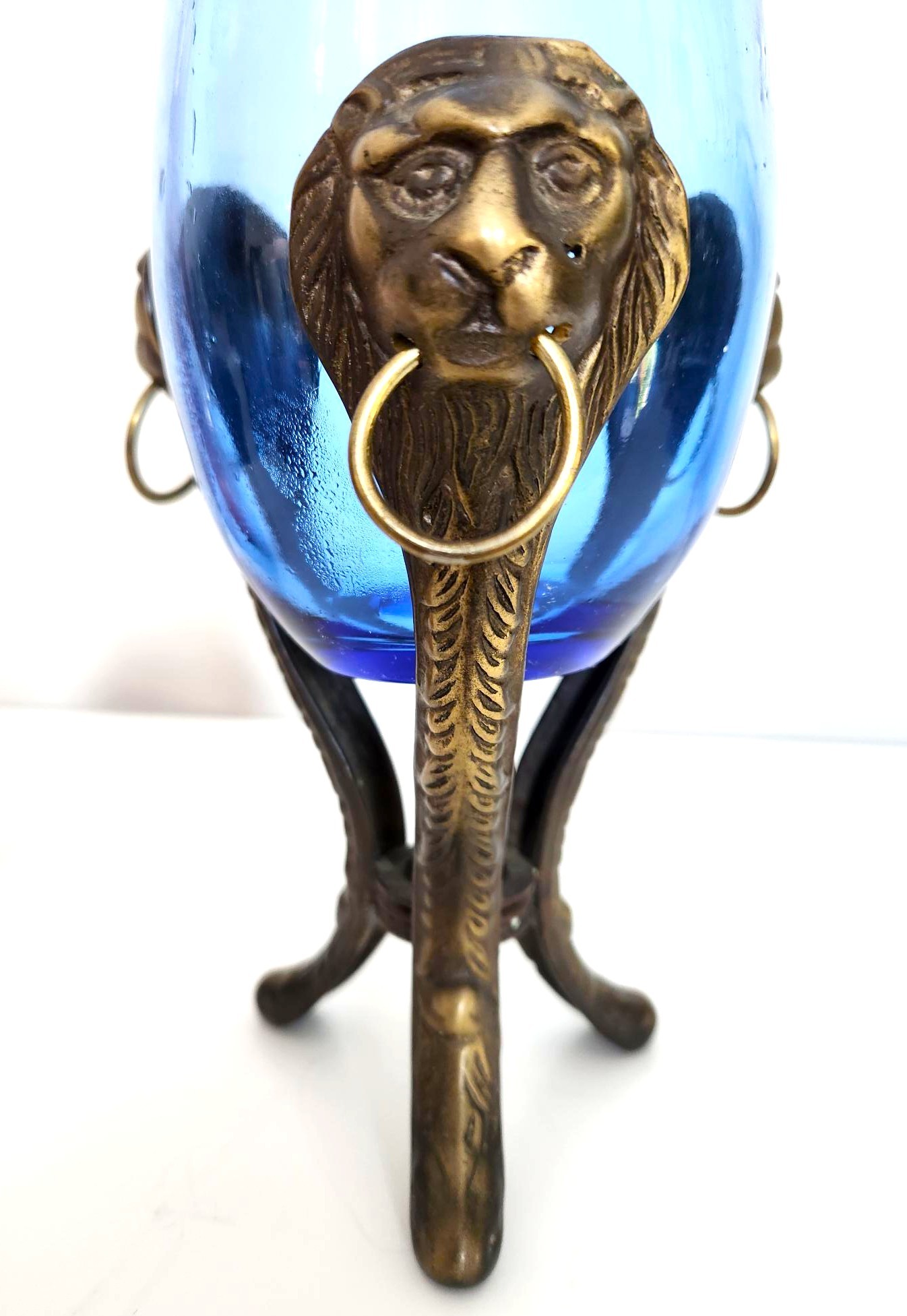 Two Art Glass Vases with Ornate Brass Lionhead Holder (3-Set) - photo 3