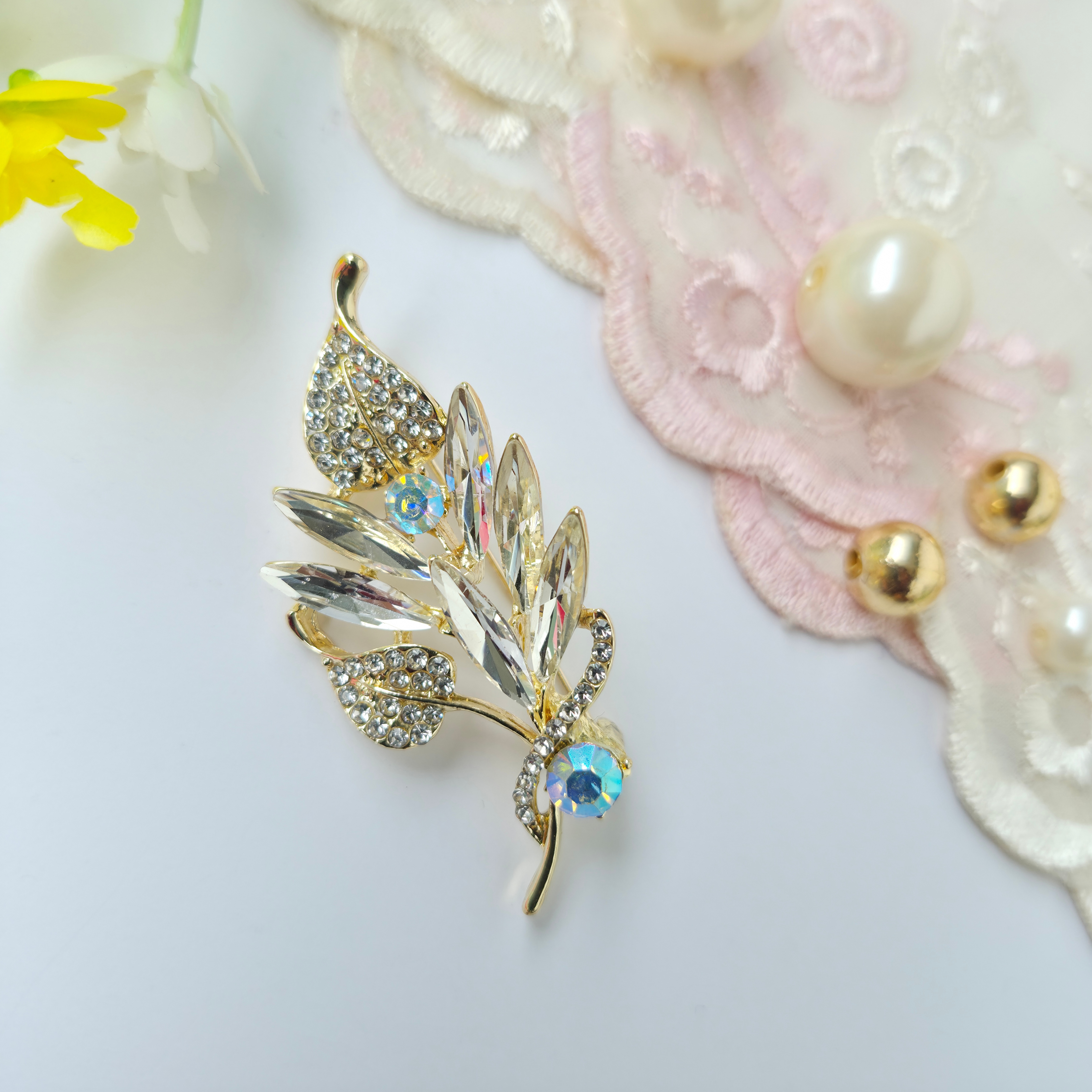 ✨ Crystal Clear Leaf Brooch by Rabloo Accessories