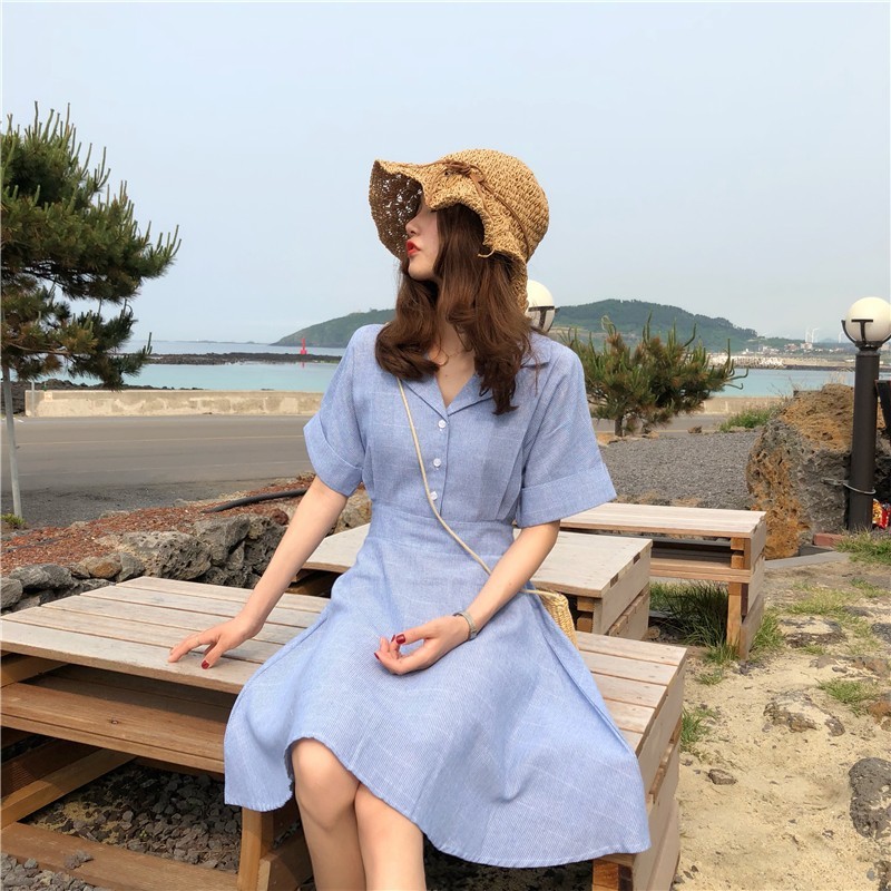 NEW Cute Blue Striped Button-Up Midi Summer Dress