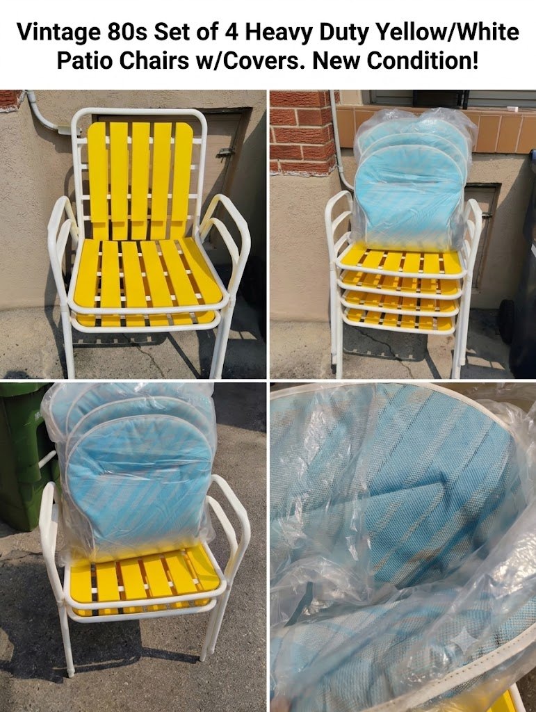 Vintage 80s Set of 4 Heavy Duty Yellow/White Patio Chairs