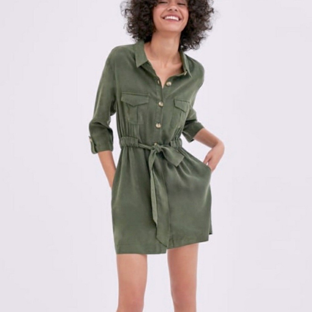 ZARA Olive Green Belted Button Shirt Dress - photo 3