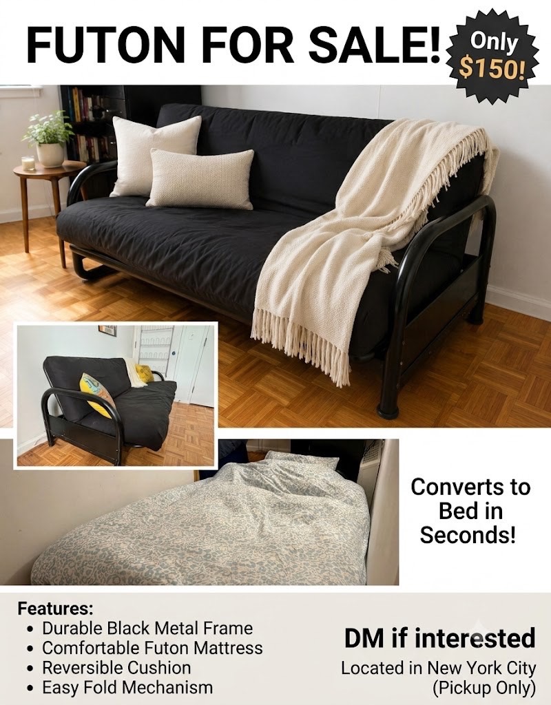 Black Metal Frame Futon / Convertible Sofa Bed