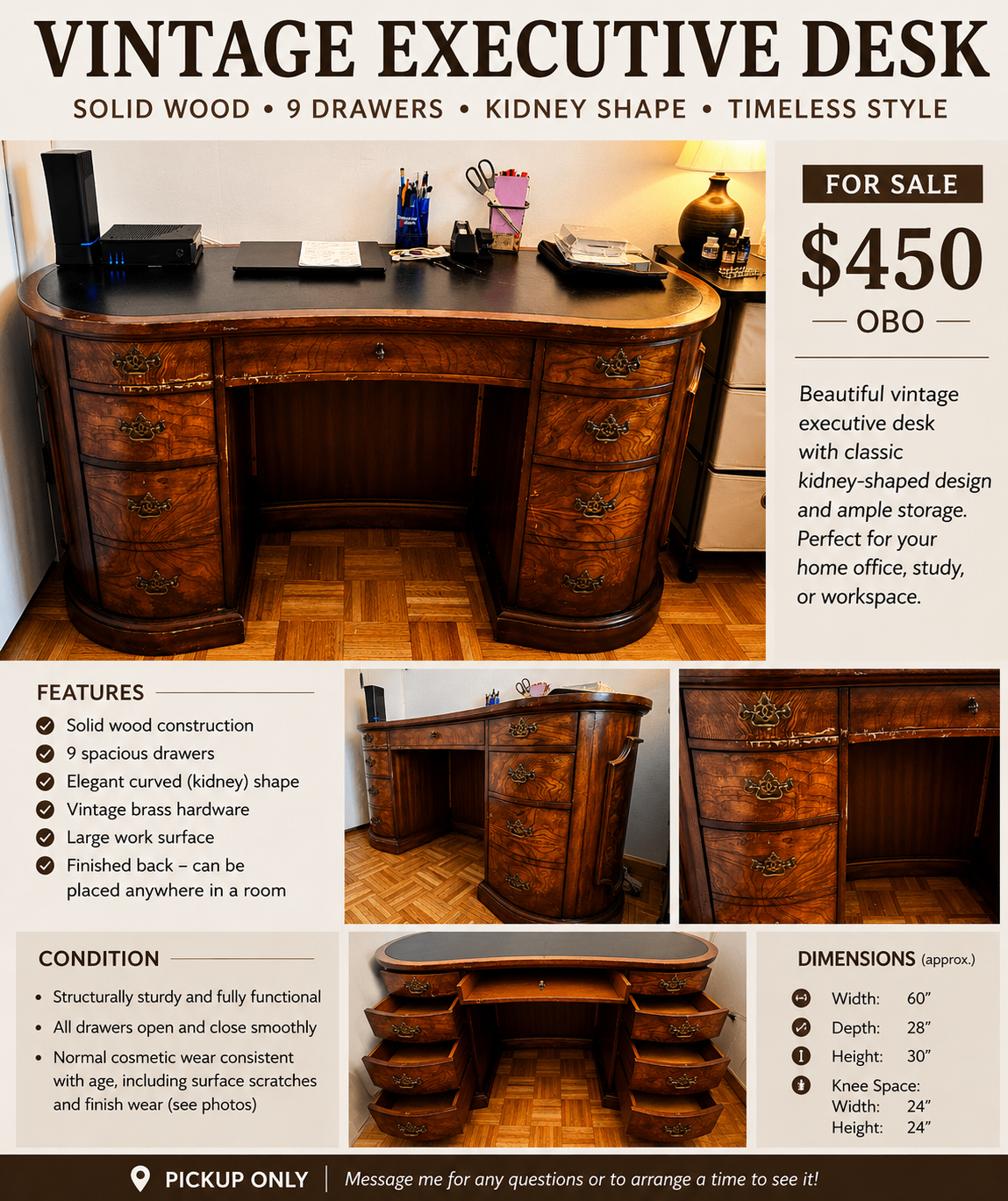 Vintage Executive Desk • Solid Wood • 9 Drawers • Home Office