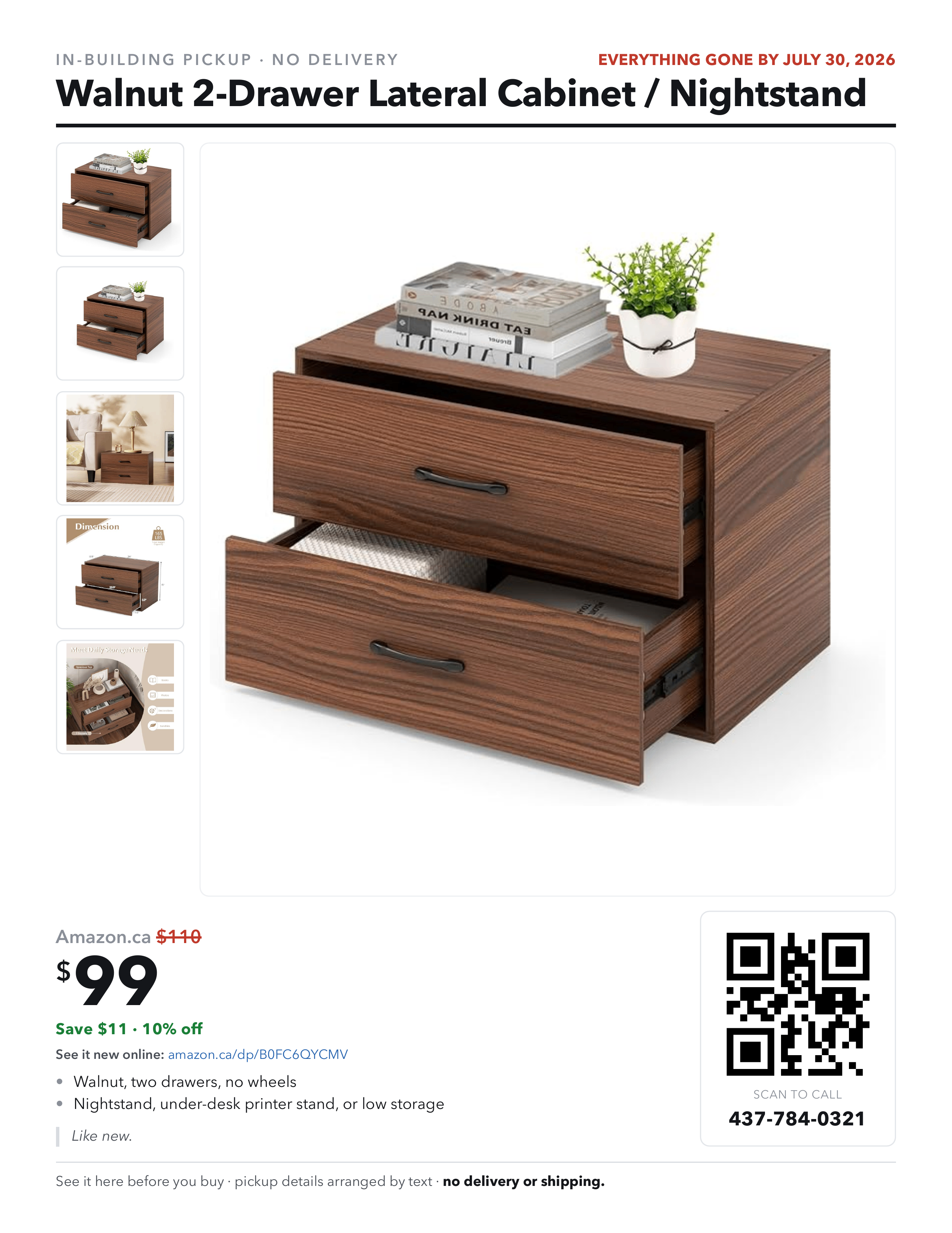 Walnut 2-Drawer Lateral Cabinet / Nightstand - Like New